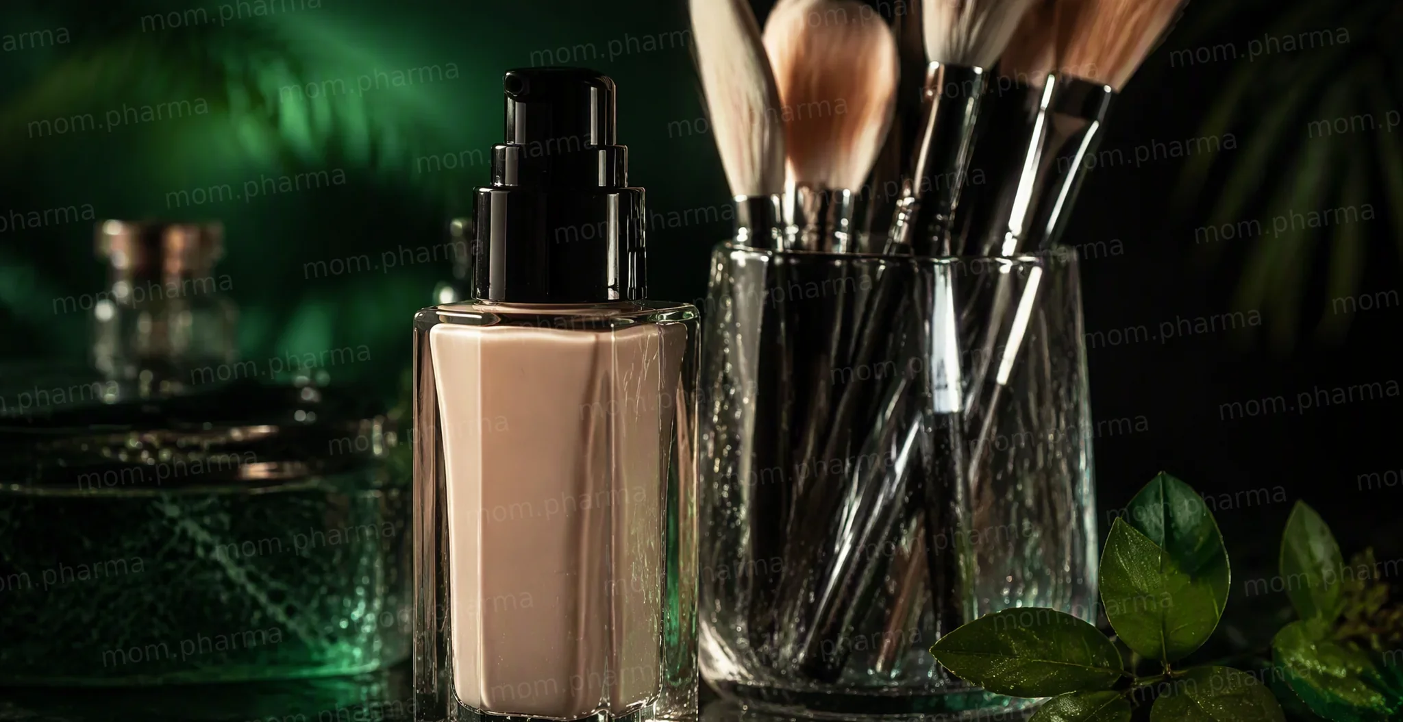 A glass bottle of liquid foundation with clean make-up brushes in a glass holder