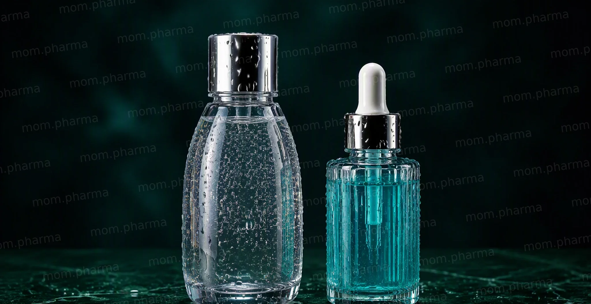 A cleansing gel and a turquoise serum with a dropper on a dark green glossy surface