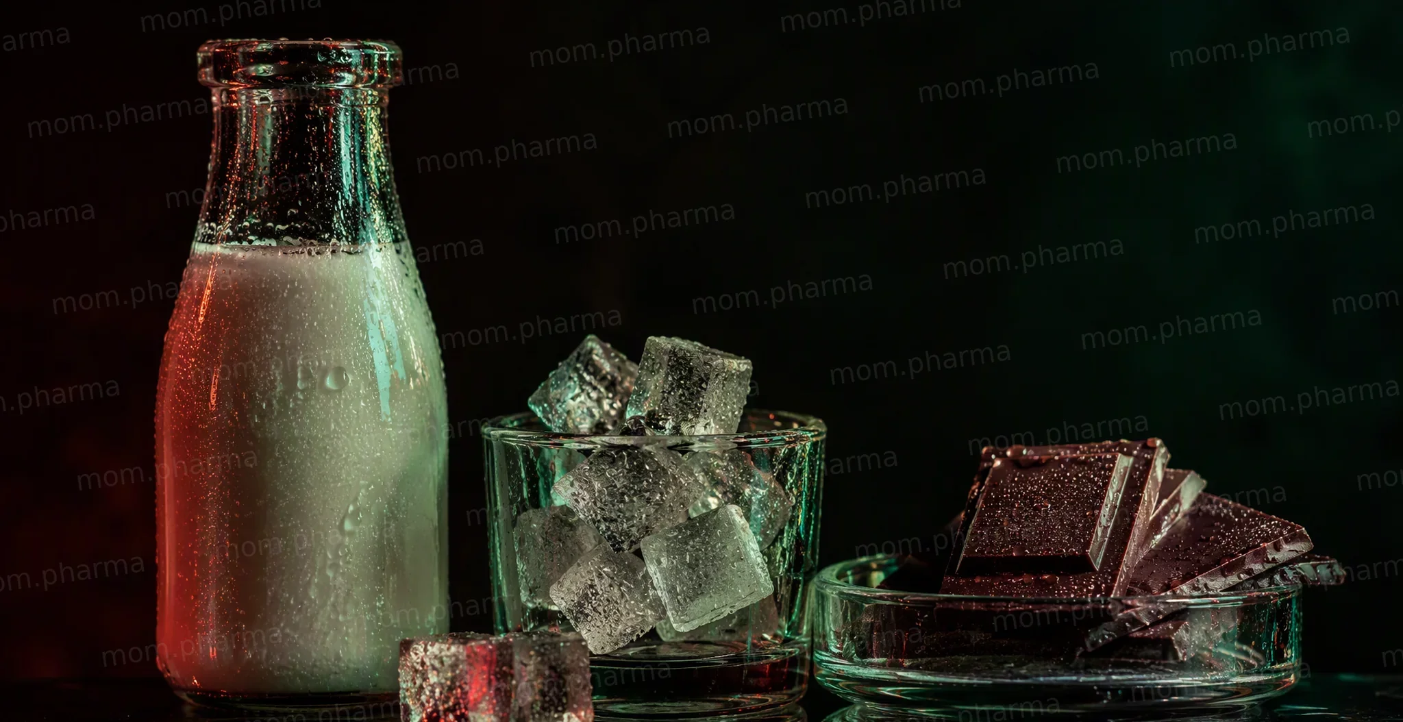 A glass milk bottle, sugar cubes and a piece of chocolate with a soft red accent