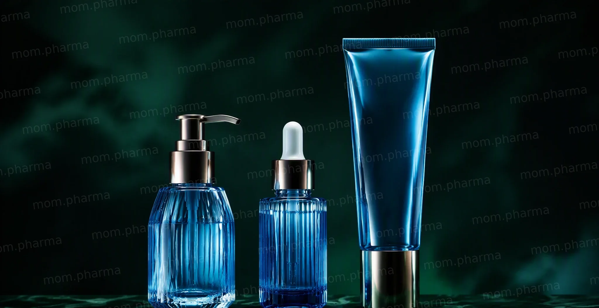 Three glass packages arranged like the steps of a routine: cleansing gel, serum and sunscreen