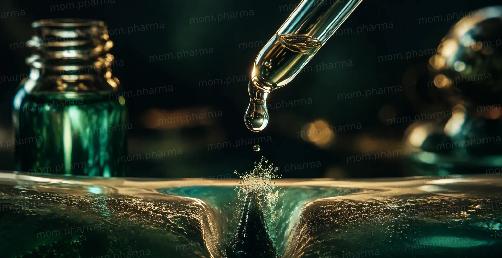 A turquoise glass serum with a dropper whose drop dissolves a dark plug