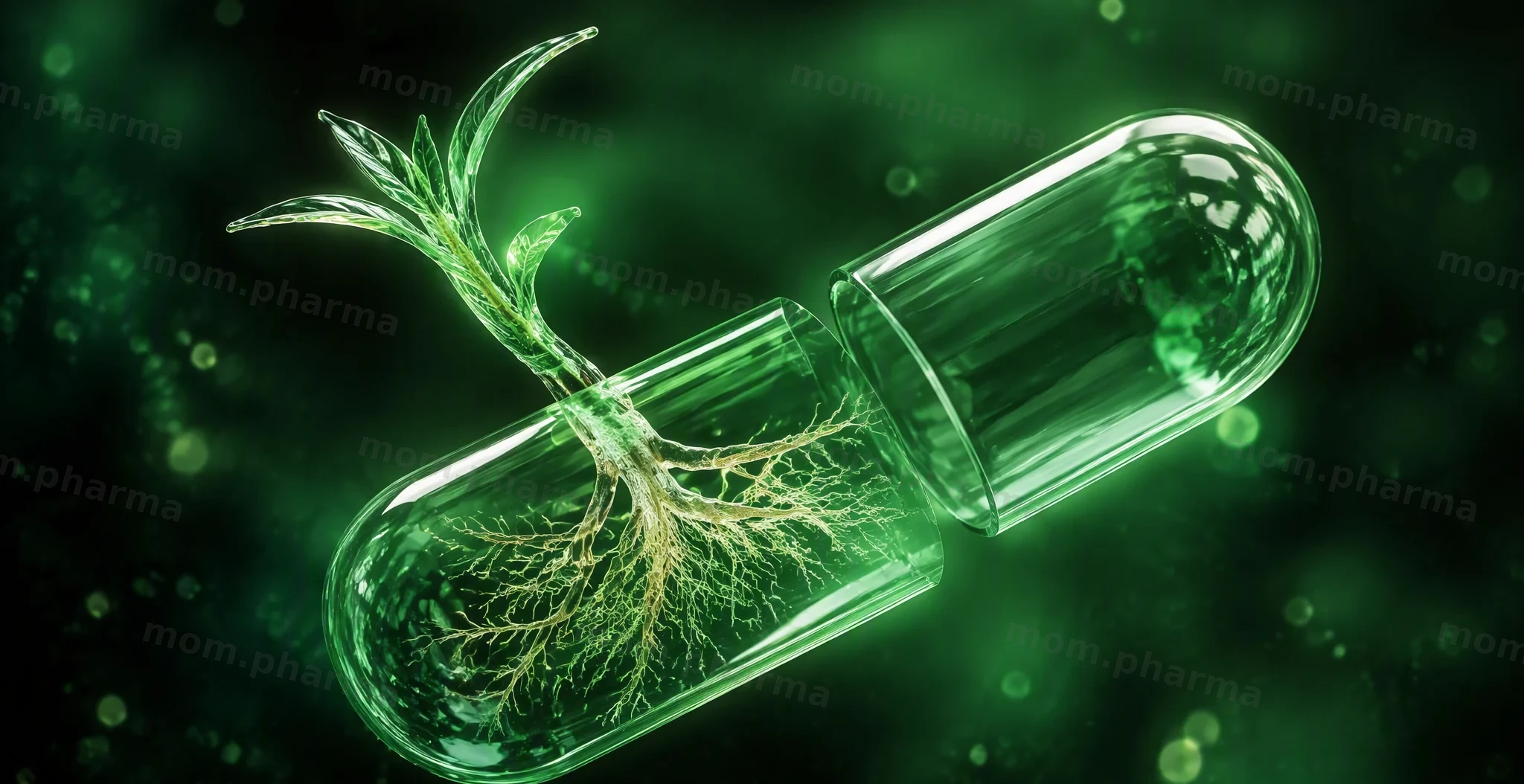A glass plant root inside a transparent capsule on a dark green background