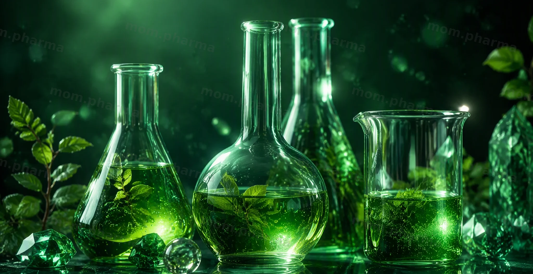 Glass laboratory vessels with glowing plant extract on a dark green background