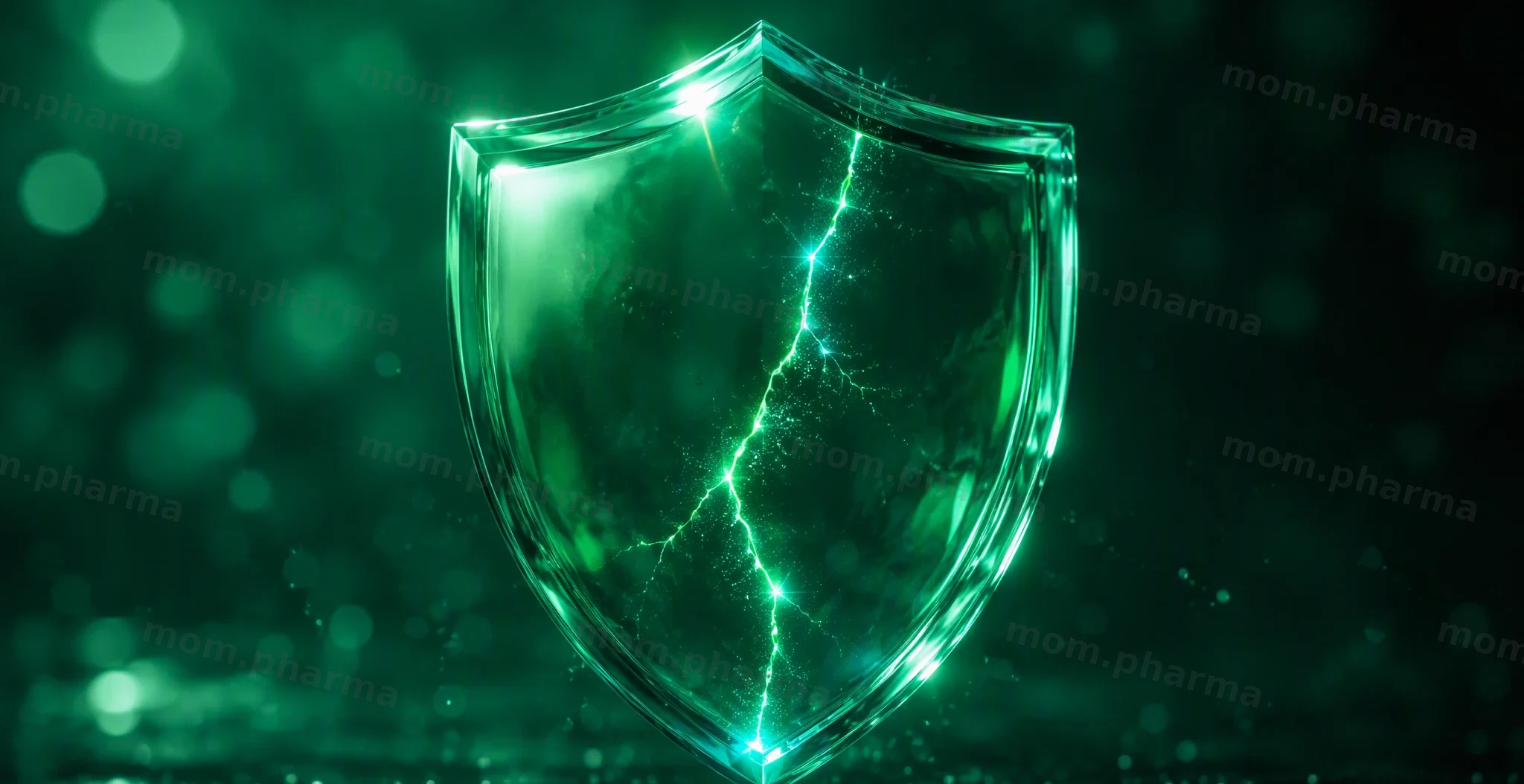 A glass shield with a thin crack of light through it on a dark green background
