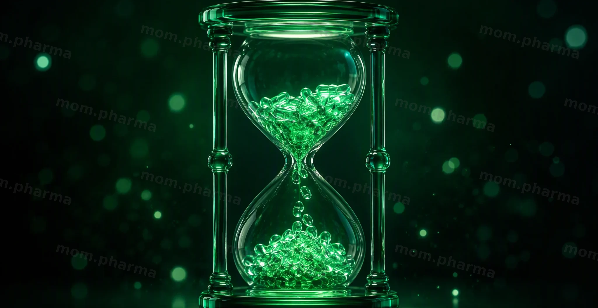 A glass hourglass with glowing capsules instead of sand on a dark green background