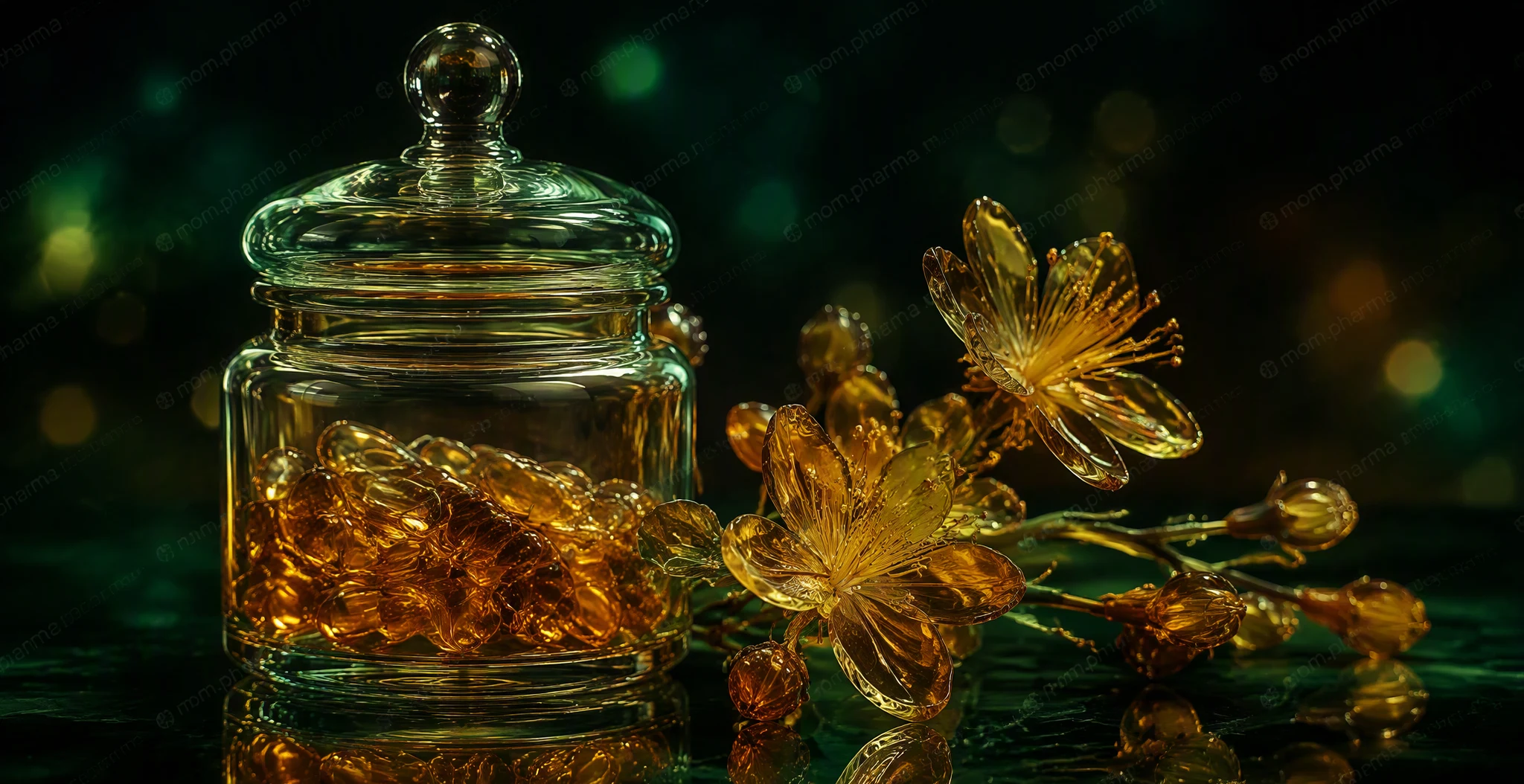Herbal capsules and dried herbs in glass containers on a dark green background
