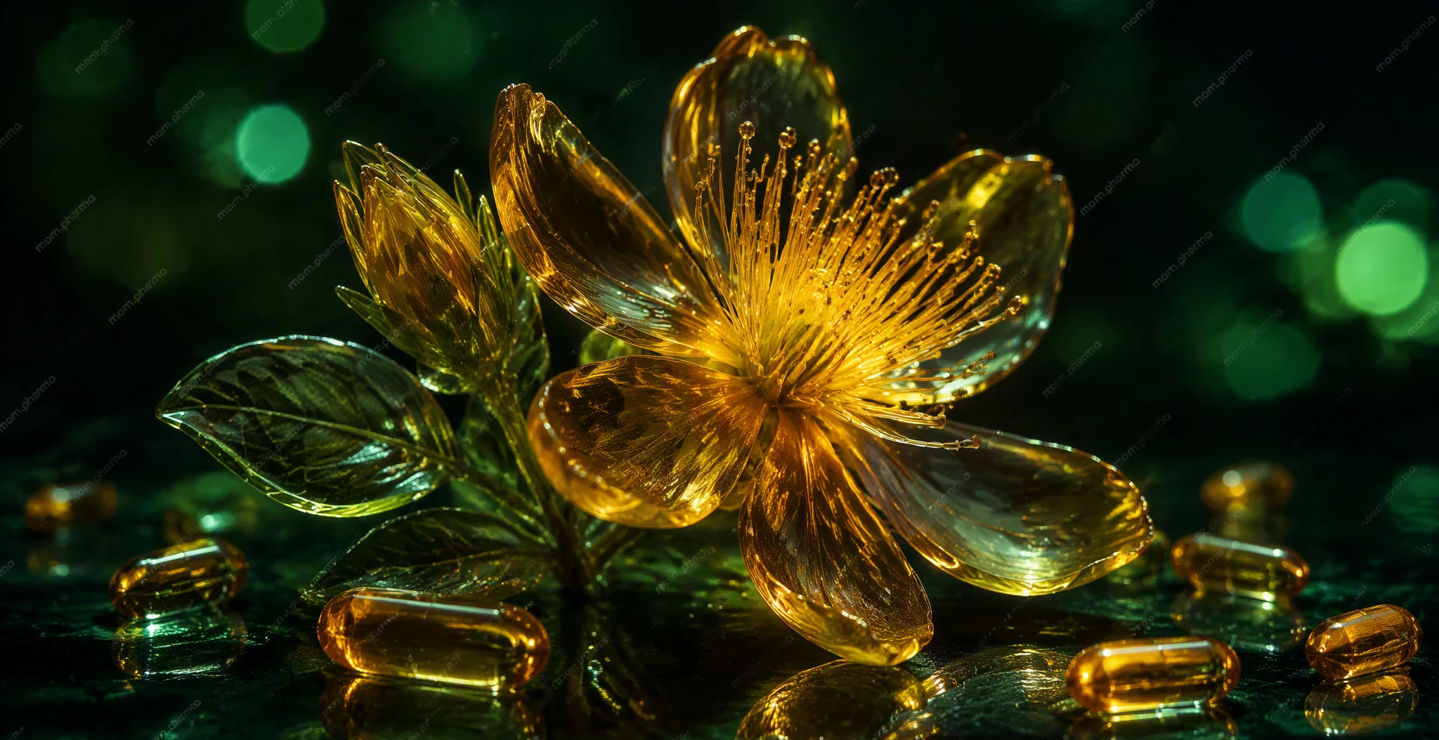 Yellow St John's wort flowers and capsules on a dark green background
