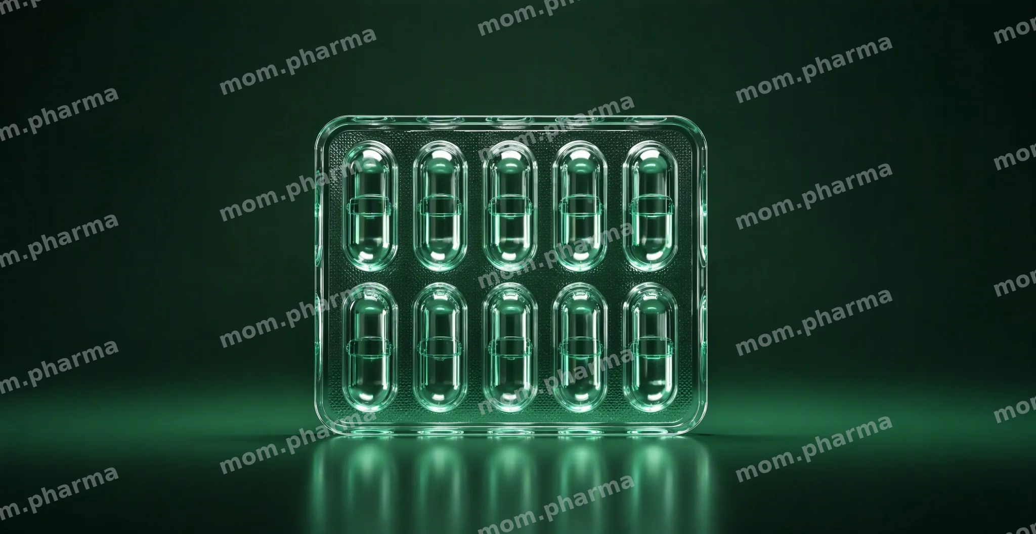 Glass blister pack of capsules with an emerald glow on a dark green background