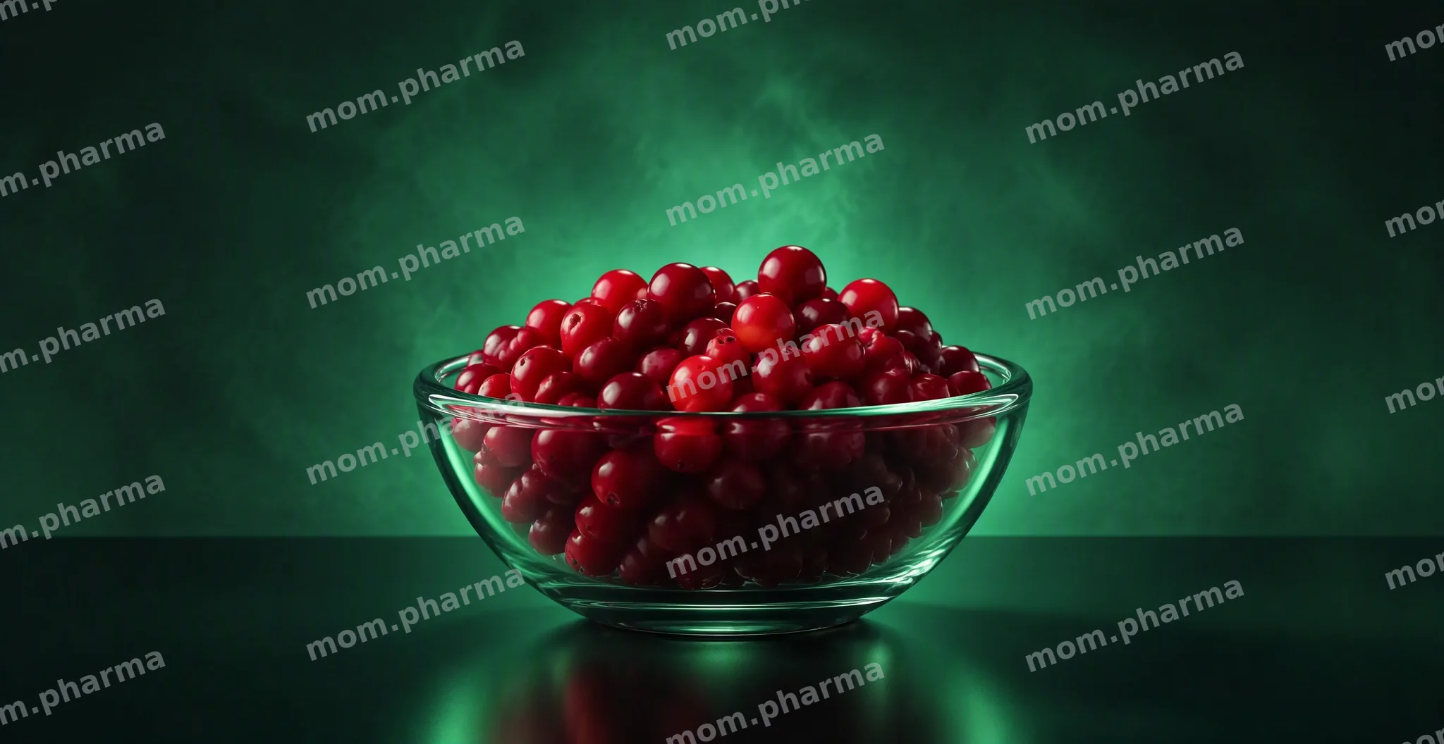 Glass bowl of red cranberries with an emerald glow on a dark green background