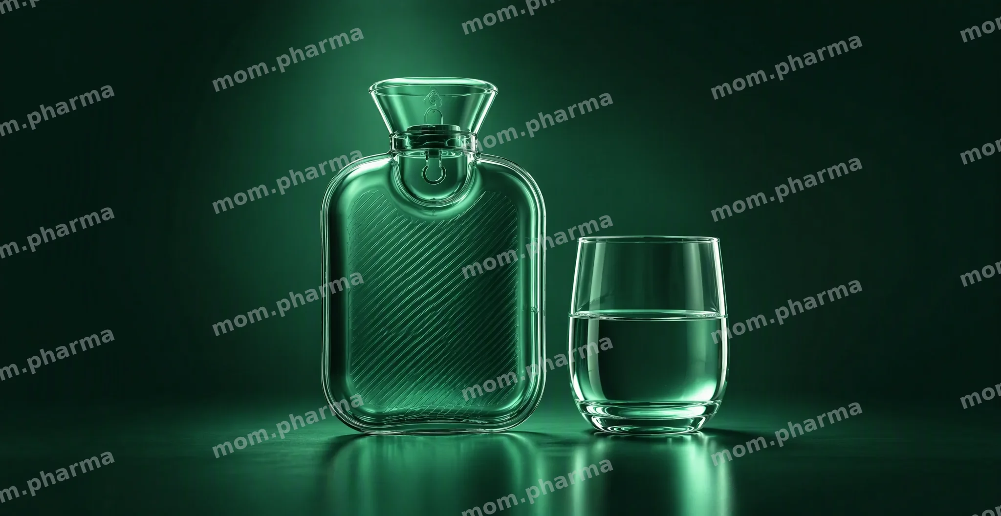 Glass of water and a glass hot-water bottle with an emerald glow on a dark green background