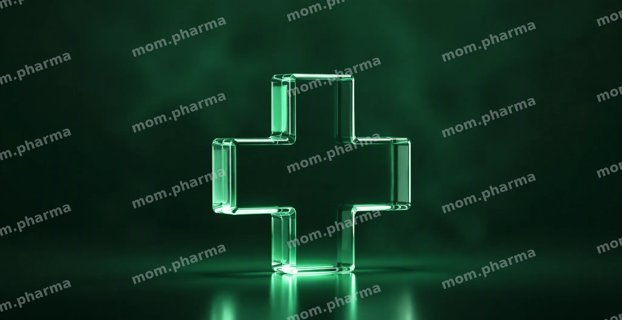 Glass medical cross with an emerald glow on a dark green background