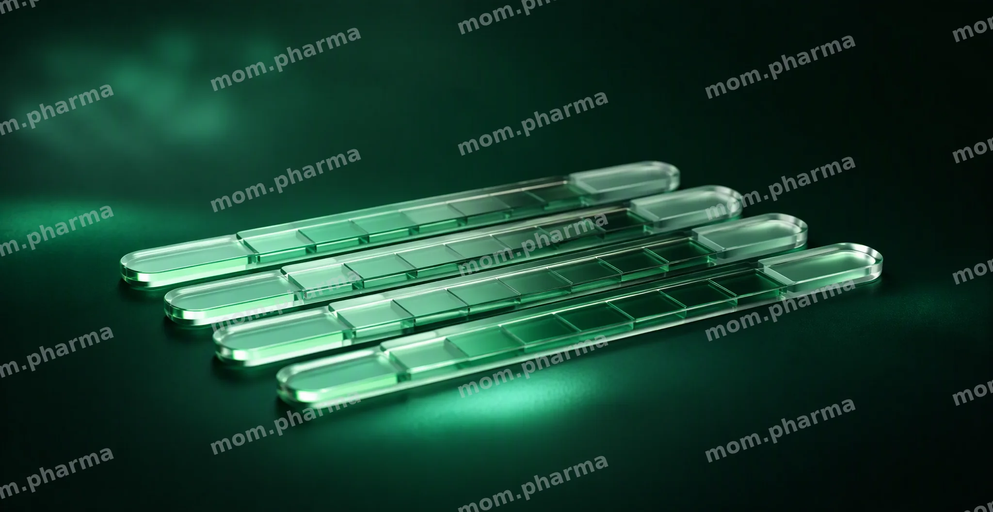 Glass urine test strips with an emerald glow on a dark green background