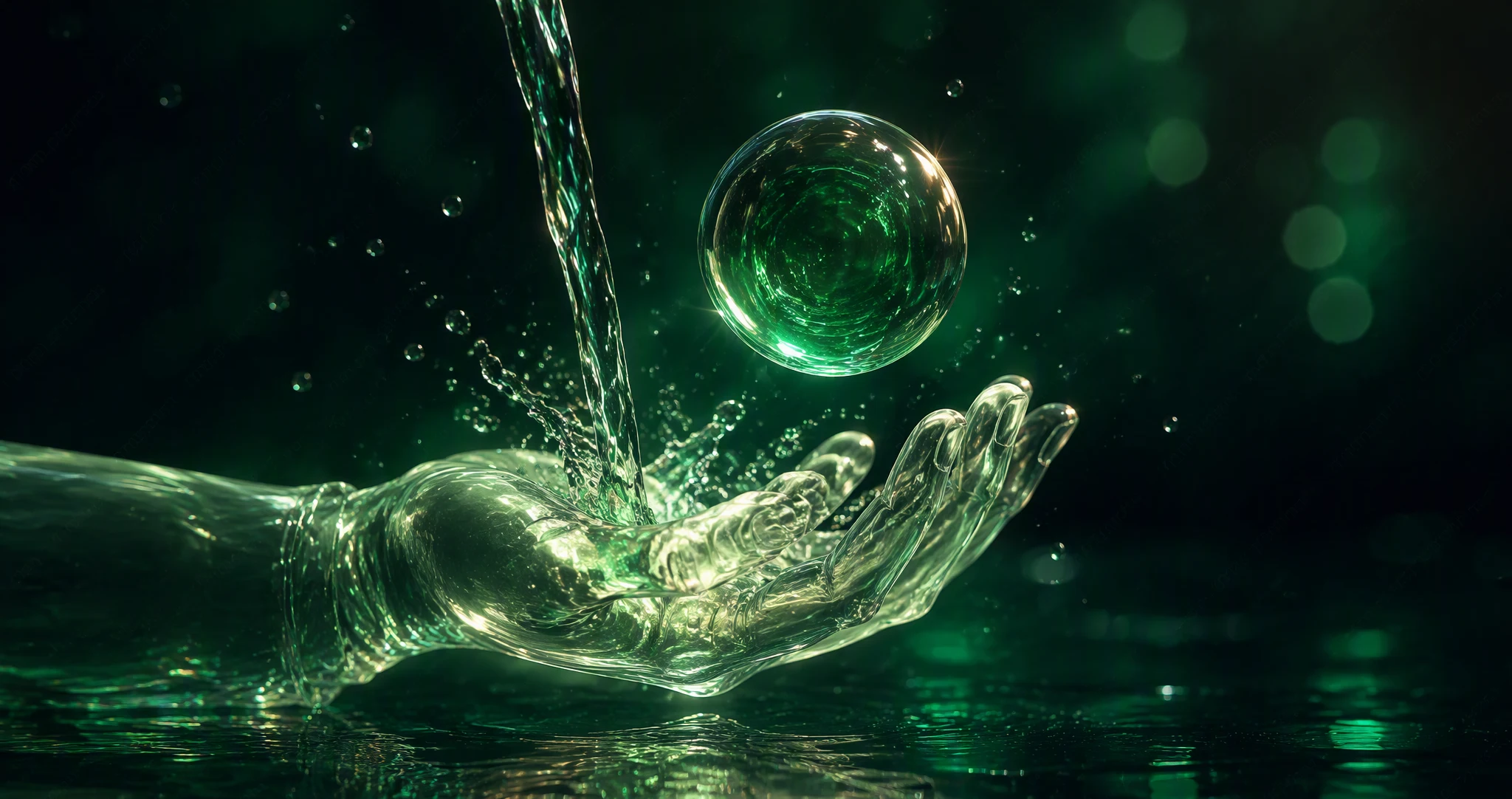 A glass child's hand under running water with a glowing soap bubble