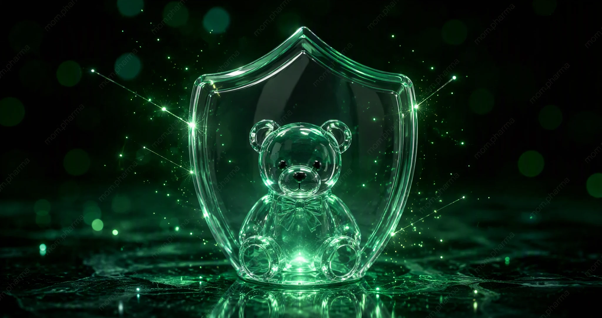 A glass shield protecting a child's toy from glowing particles