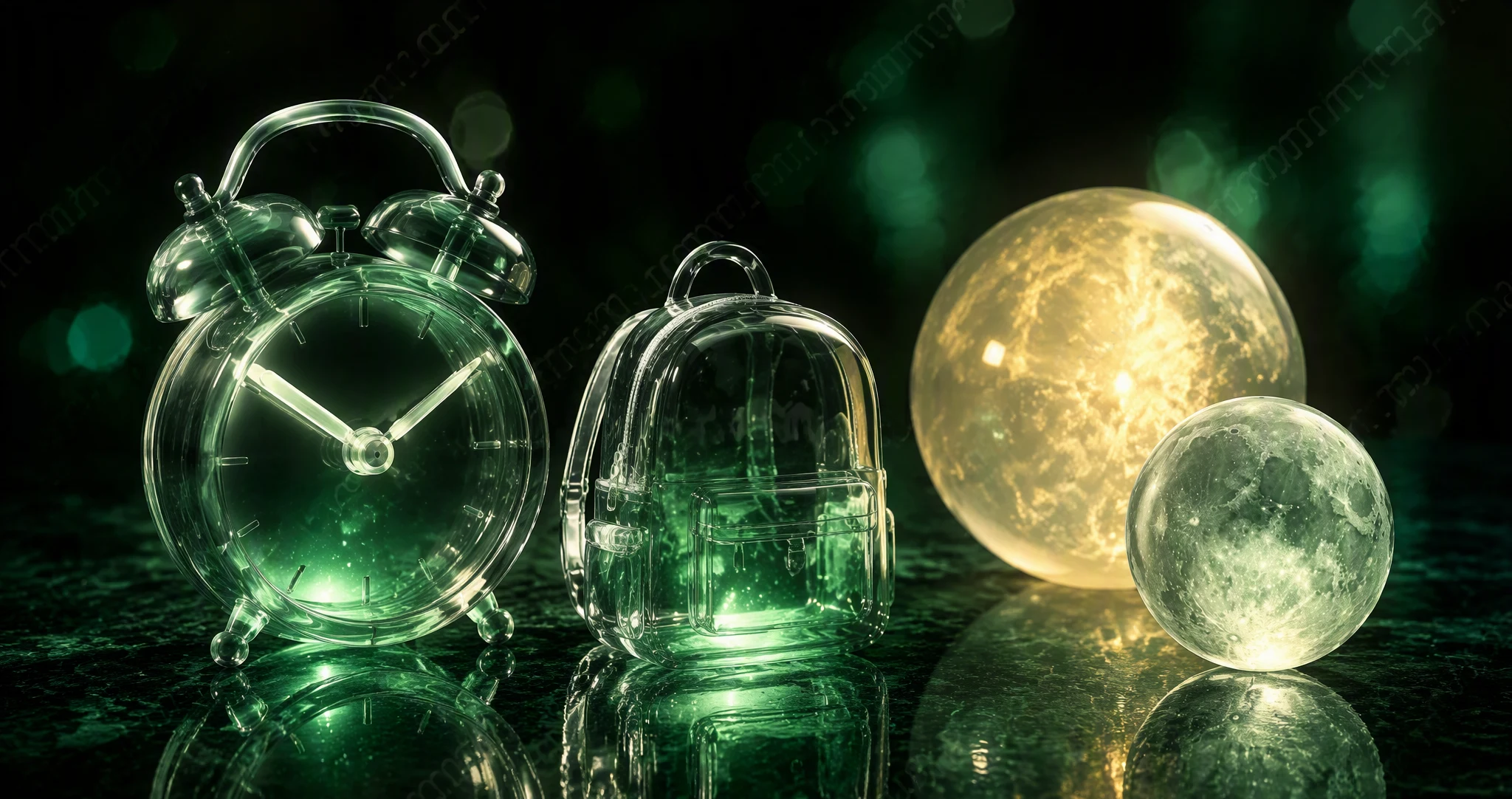A glass alarm clock, a child's backpack and glowing sun and moon spheres