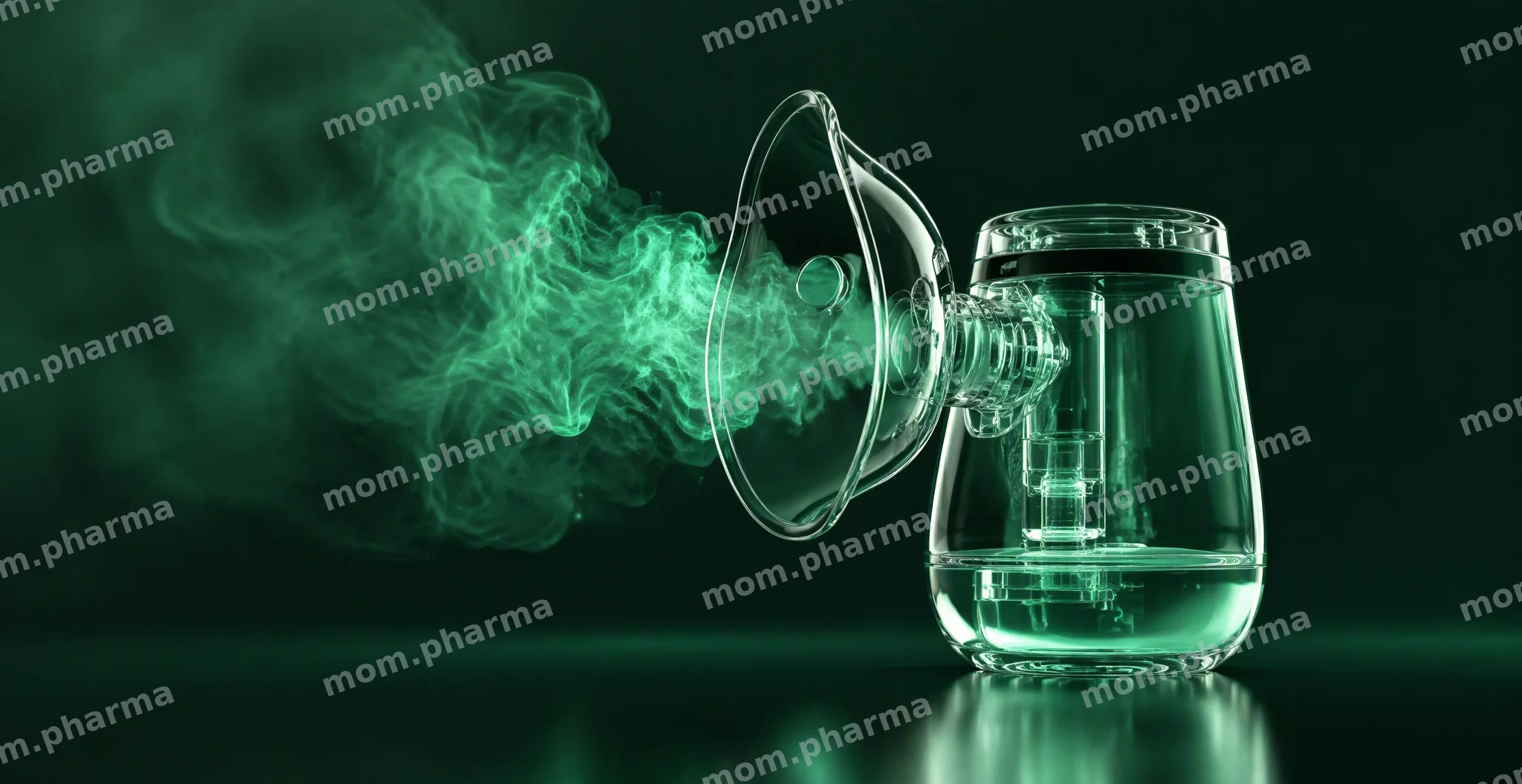 Glass home nebulizer with a mask releasing a soft emerald mist on a dark green background