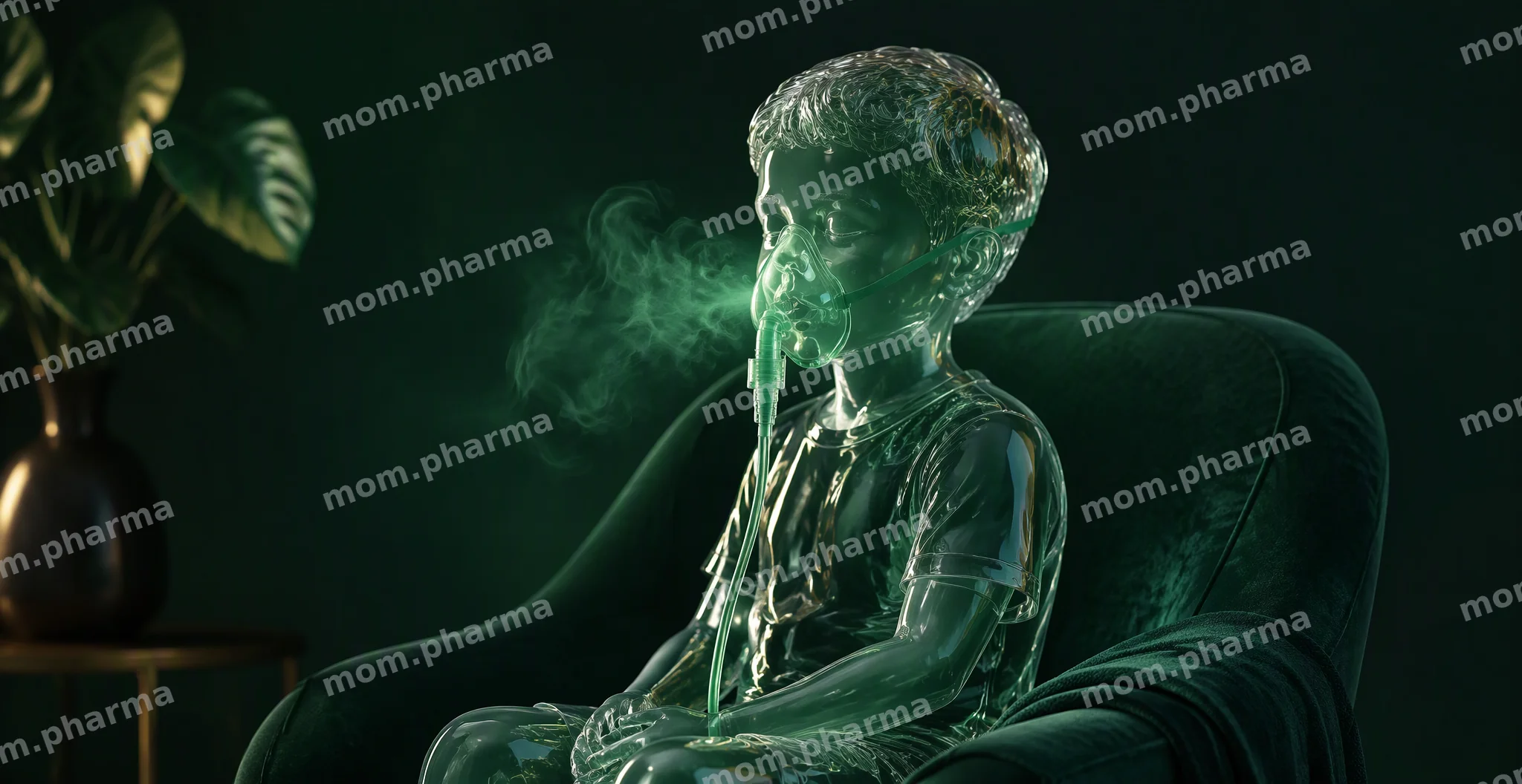 Glass child figure sitting upright with a glass inhalation mask and soft emerald mist on a dark green background