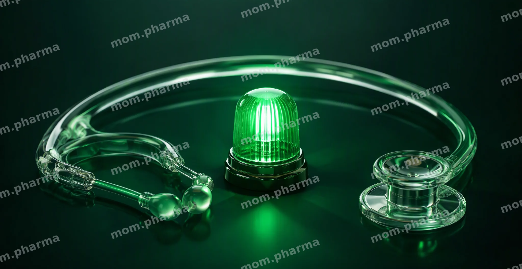 Glass stethoscope curved in an arc around a small glowing emerald beacon on a dark green background