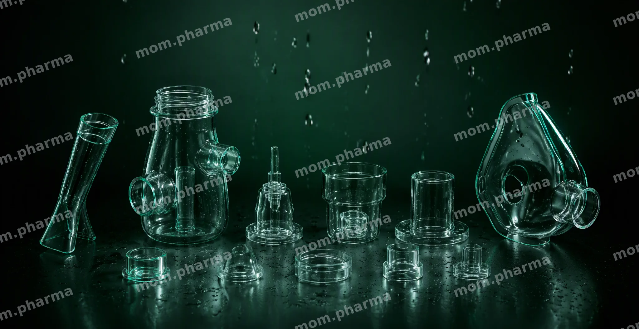 Disassembled glass nebulizer parts with water droplets and an emerald sheen on a dark green background