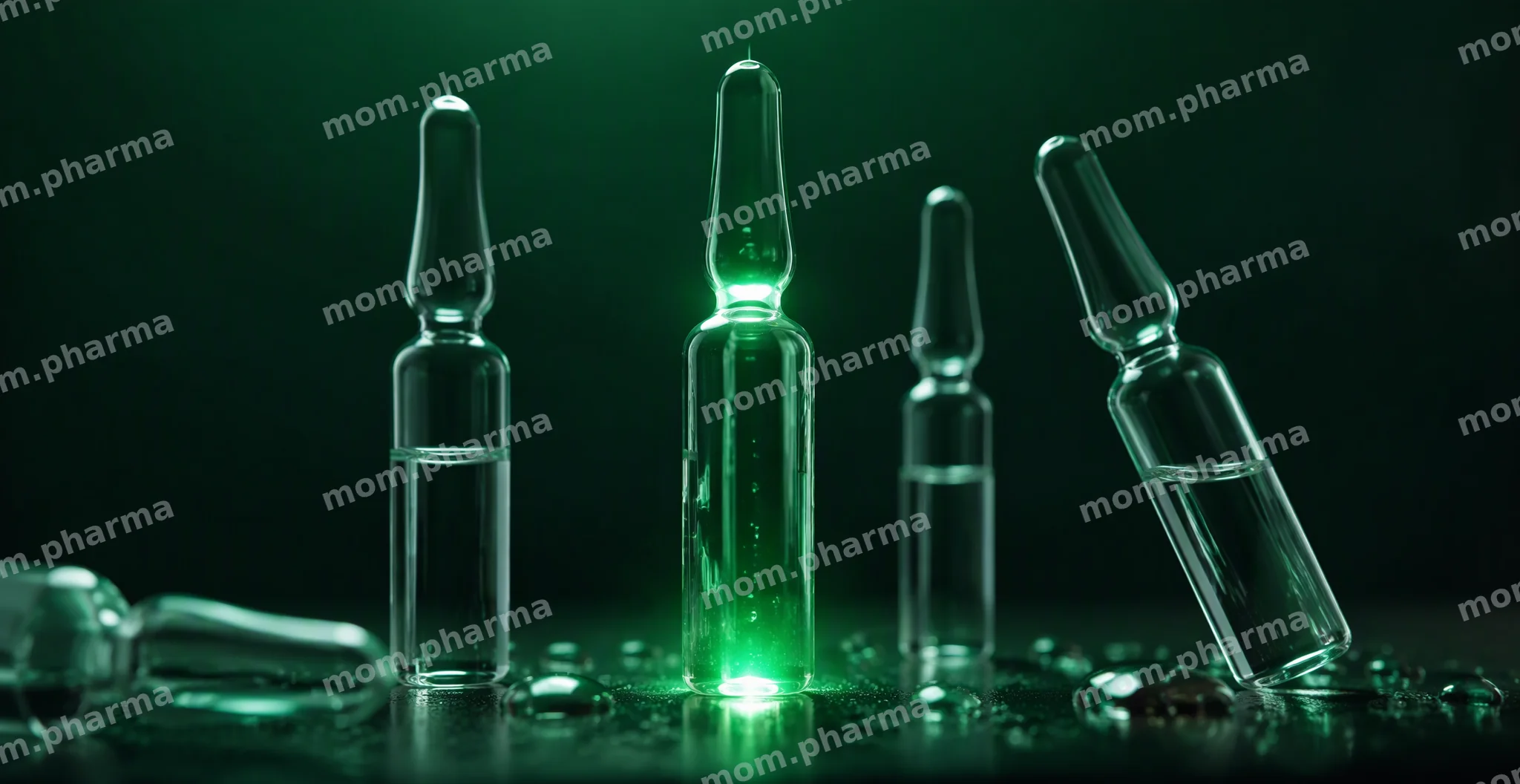 Glass ampoules with clear liquid at different fill levels, one with an emerald glow, on a dark green background