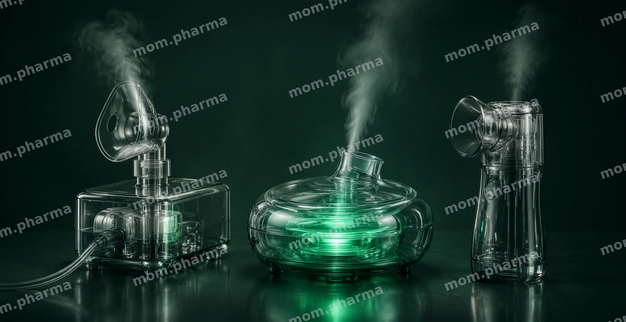 Three glass nebulizer devices of different shapes in a row, one glowing emerald, on a dark green background