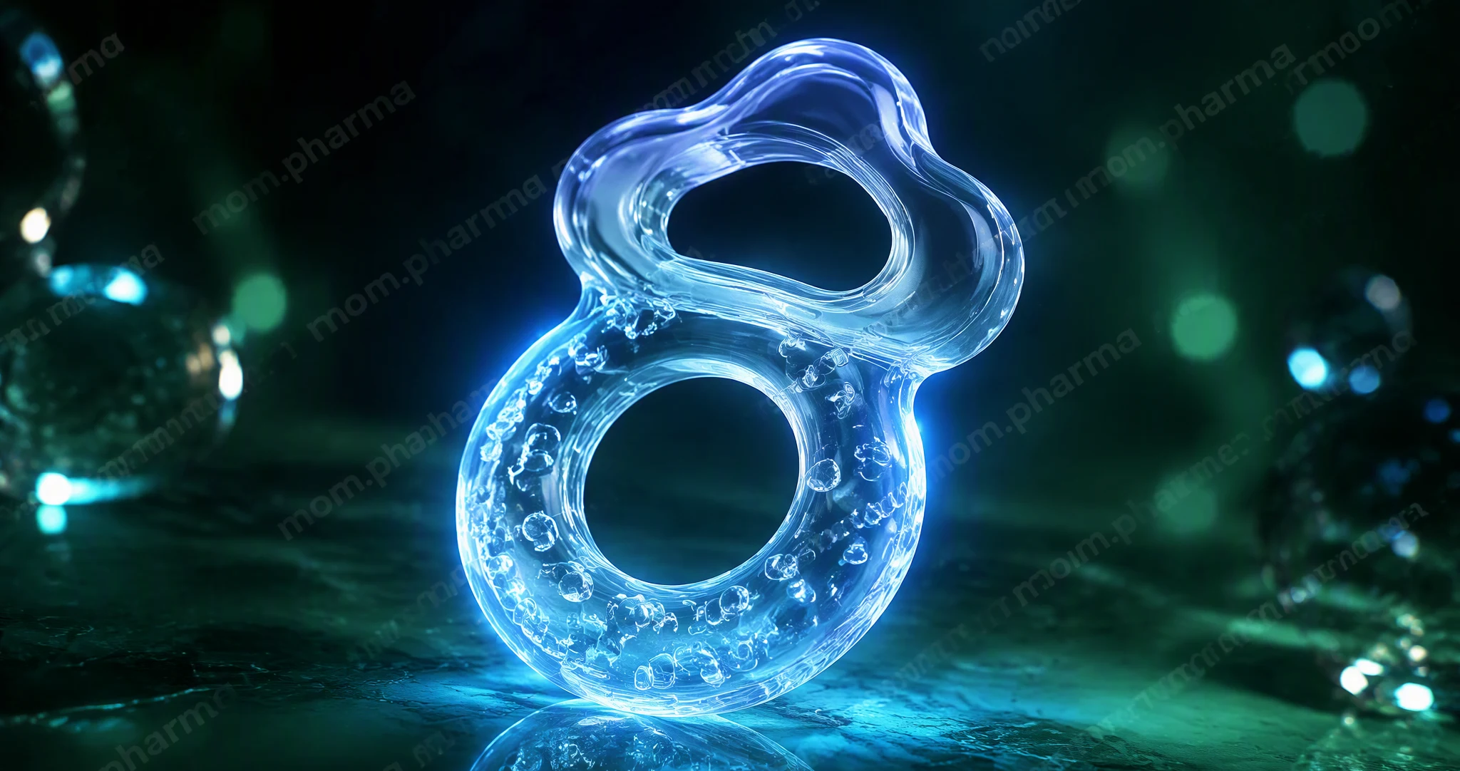 A glass teething ring with a glowing handle on a dark green background