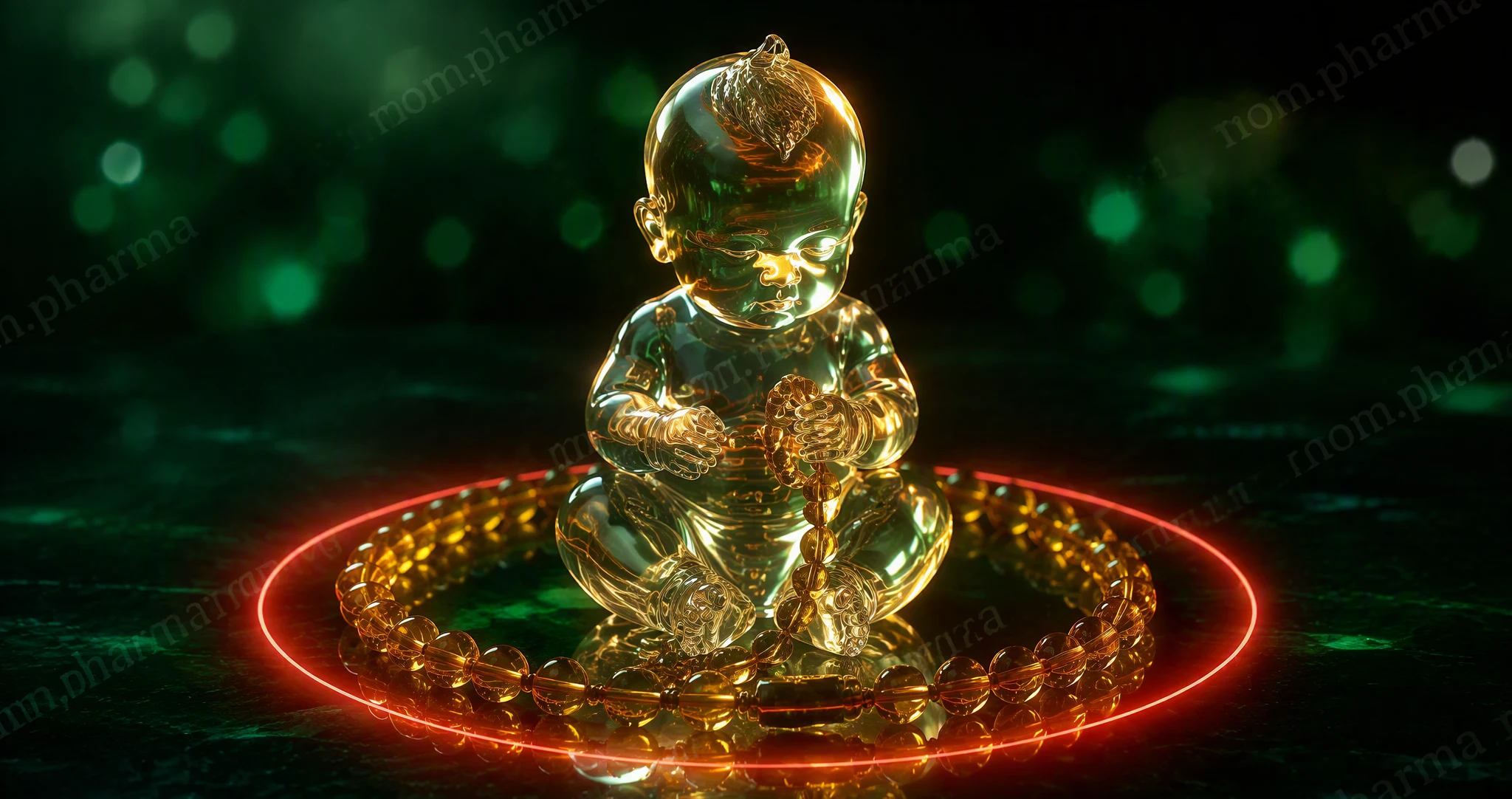 A glass amber teething necklace crossed by a red warning sign