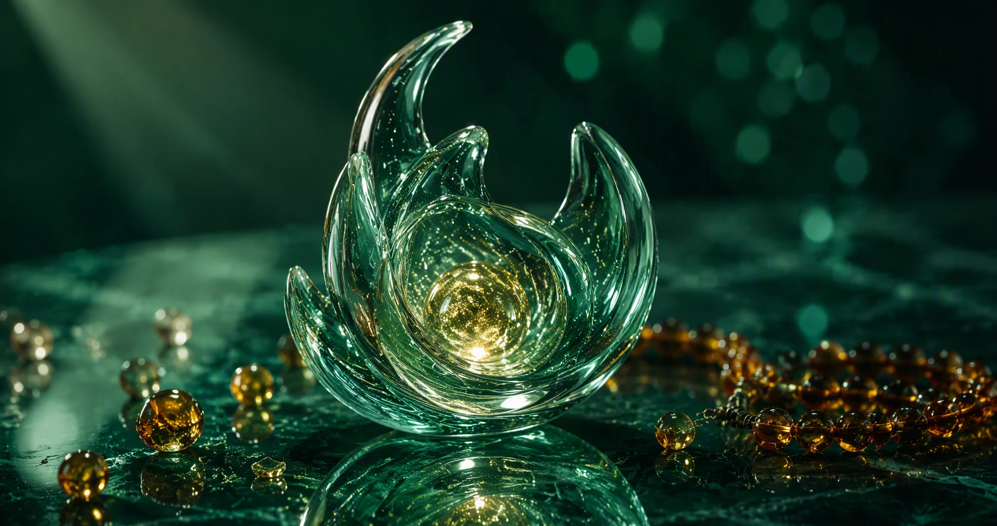 Detached glass beads from a necklace on a dark green surface