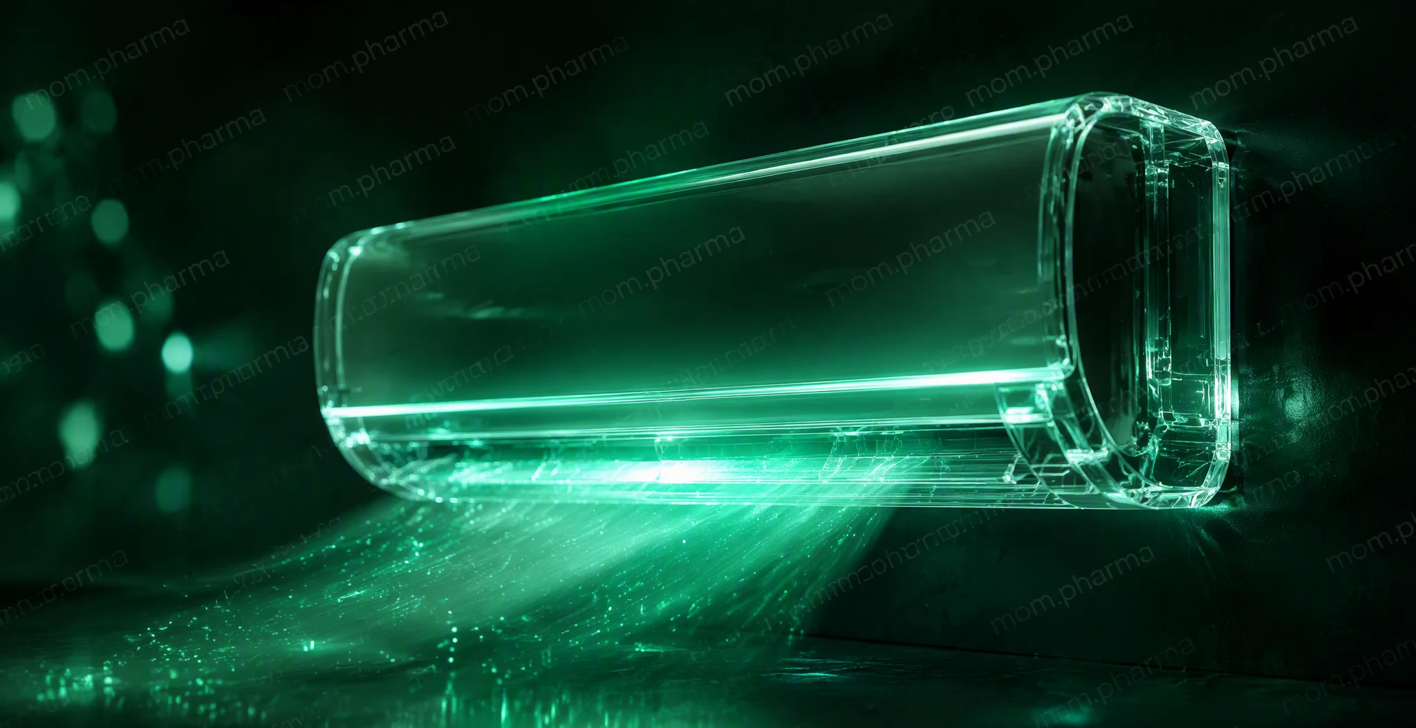 An air conditioner blowing cool air into a dark room with green tones