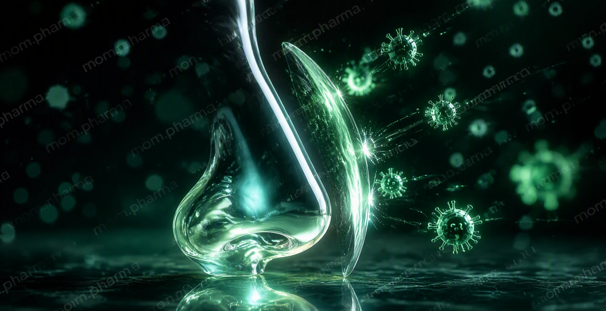 A glass nose deflecting glowing virus particles