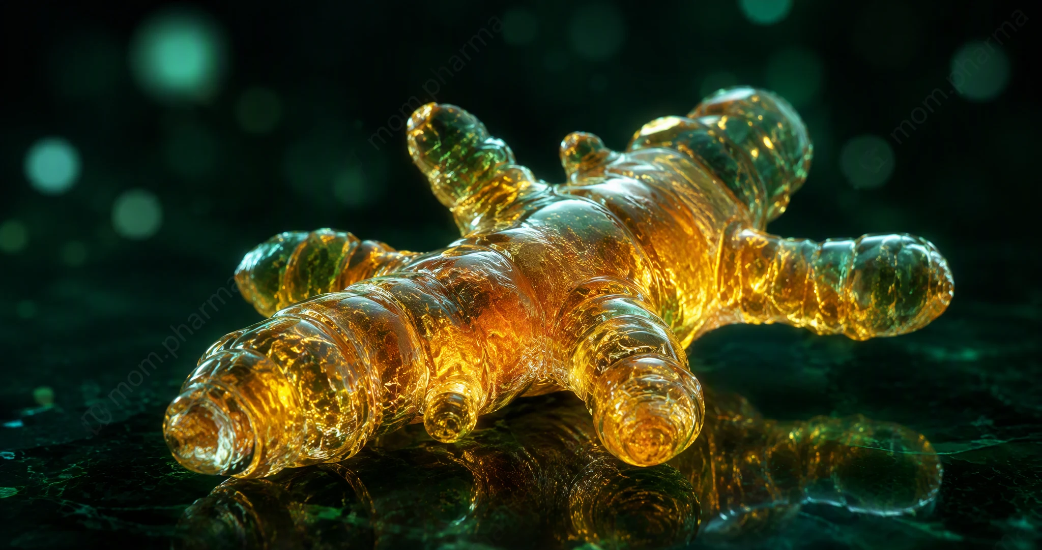 A glass turmeric root with a golden inner glow
