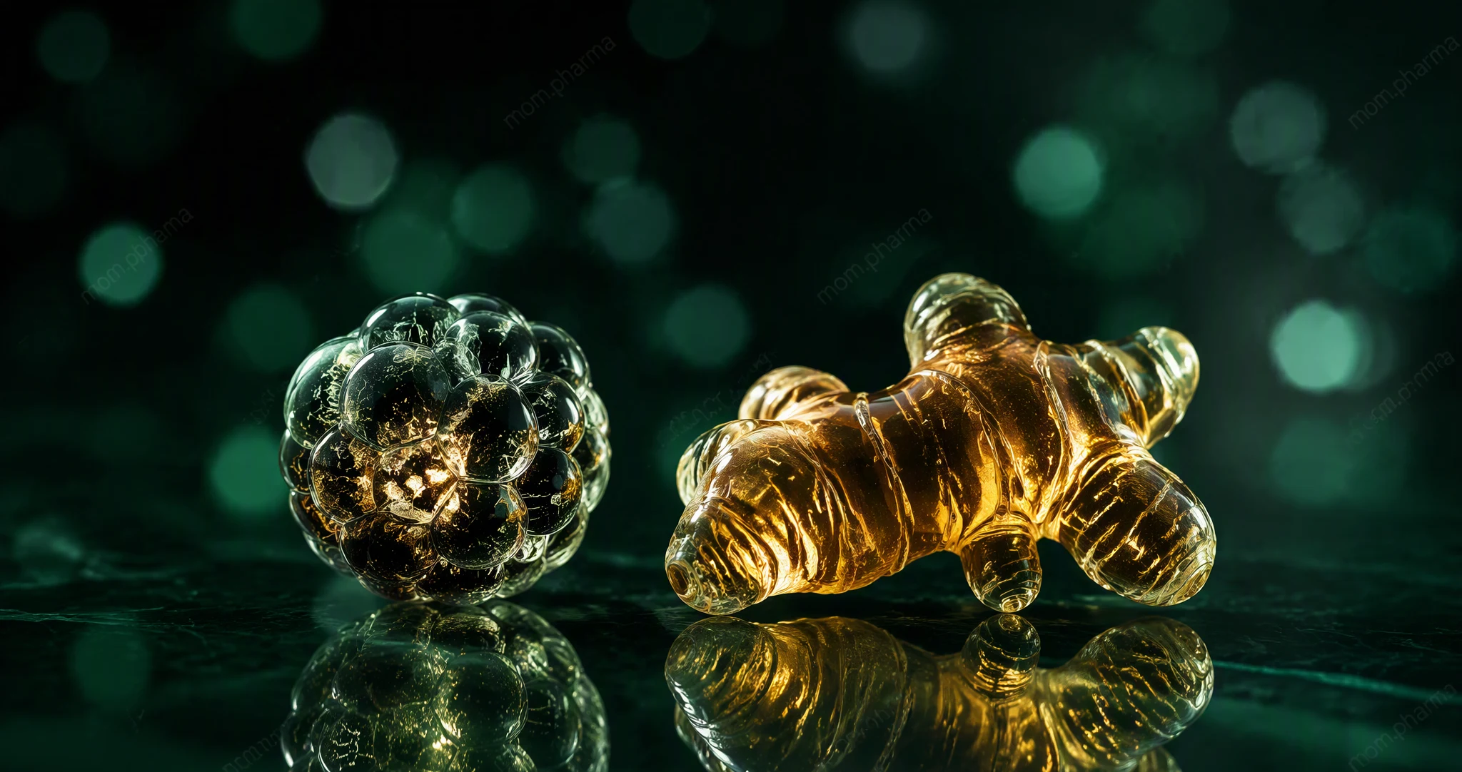 A glass black peppercorn and a piece of turmeric side by side