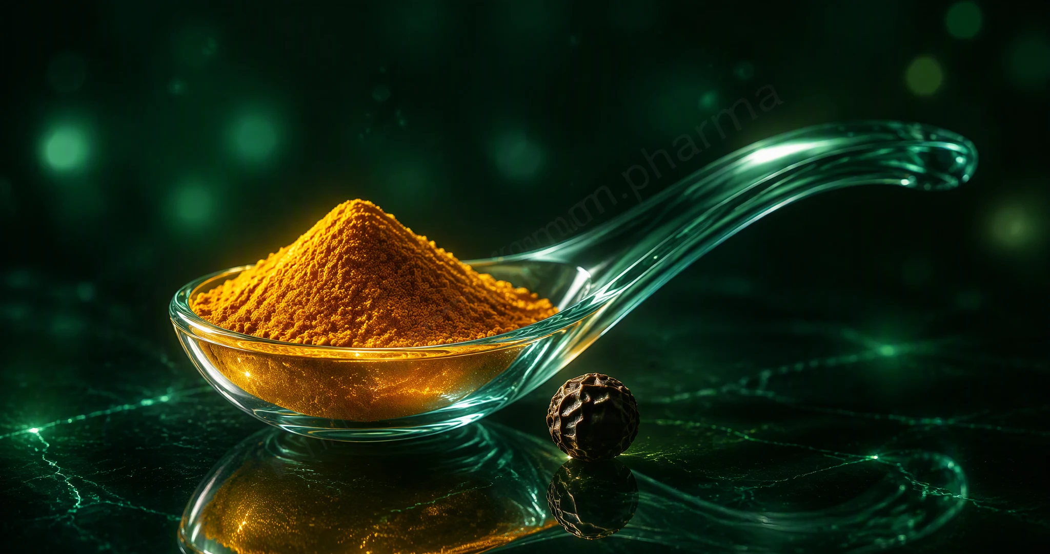 A glass spoon of golden turmeric powder with a peppercorn