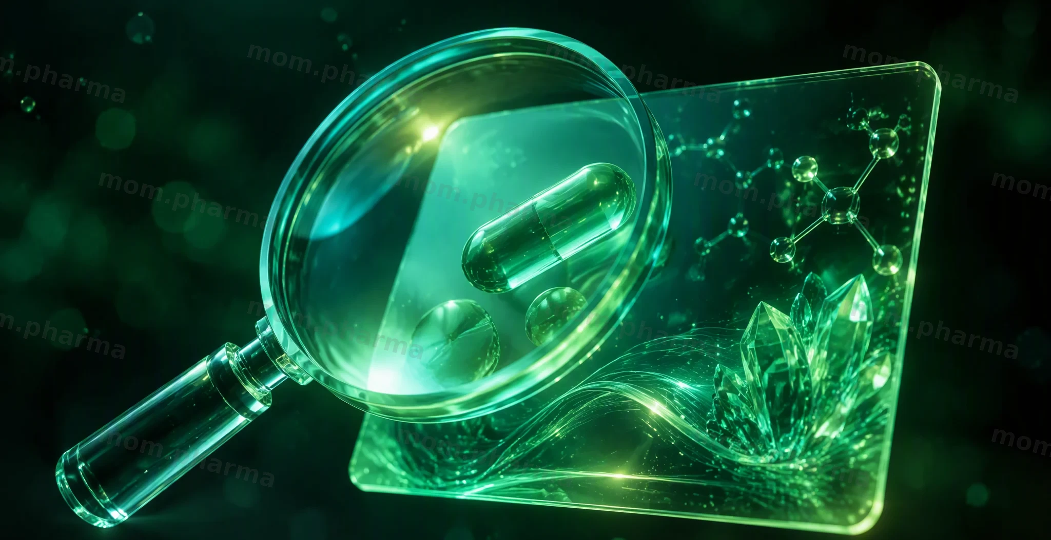 A glass magnifier over a glowing supplement label with numbers on a dark green background