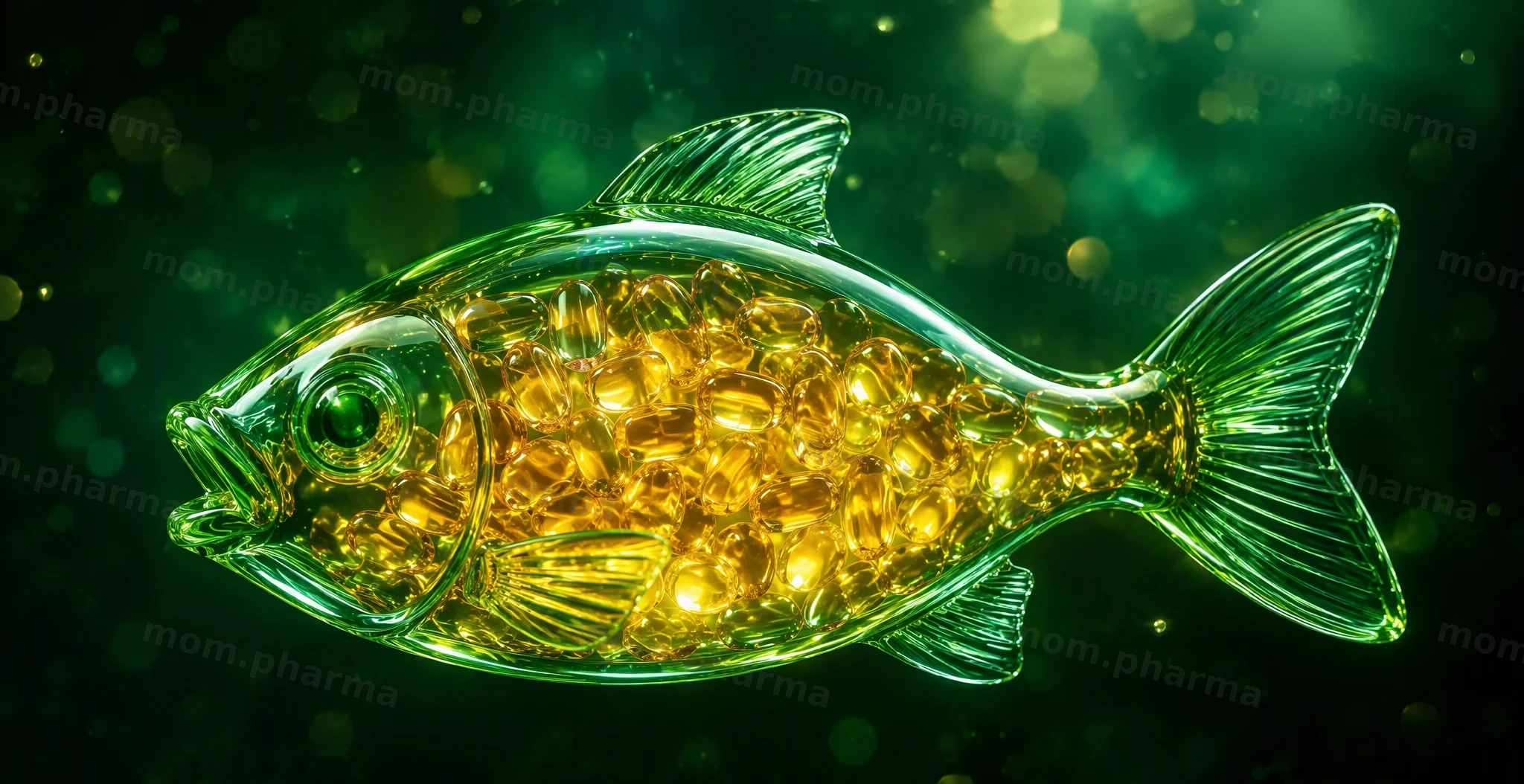 A translucent glass fish with glowing omega-3 capsules inside on a dark green background