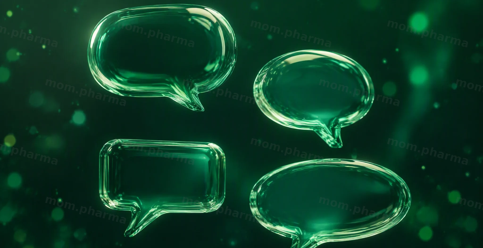 Four translucent glass speech bubbles on a dark green background
