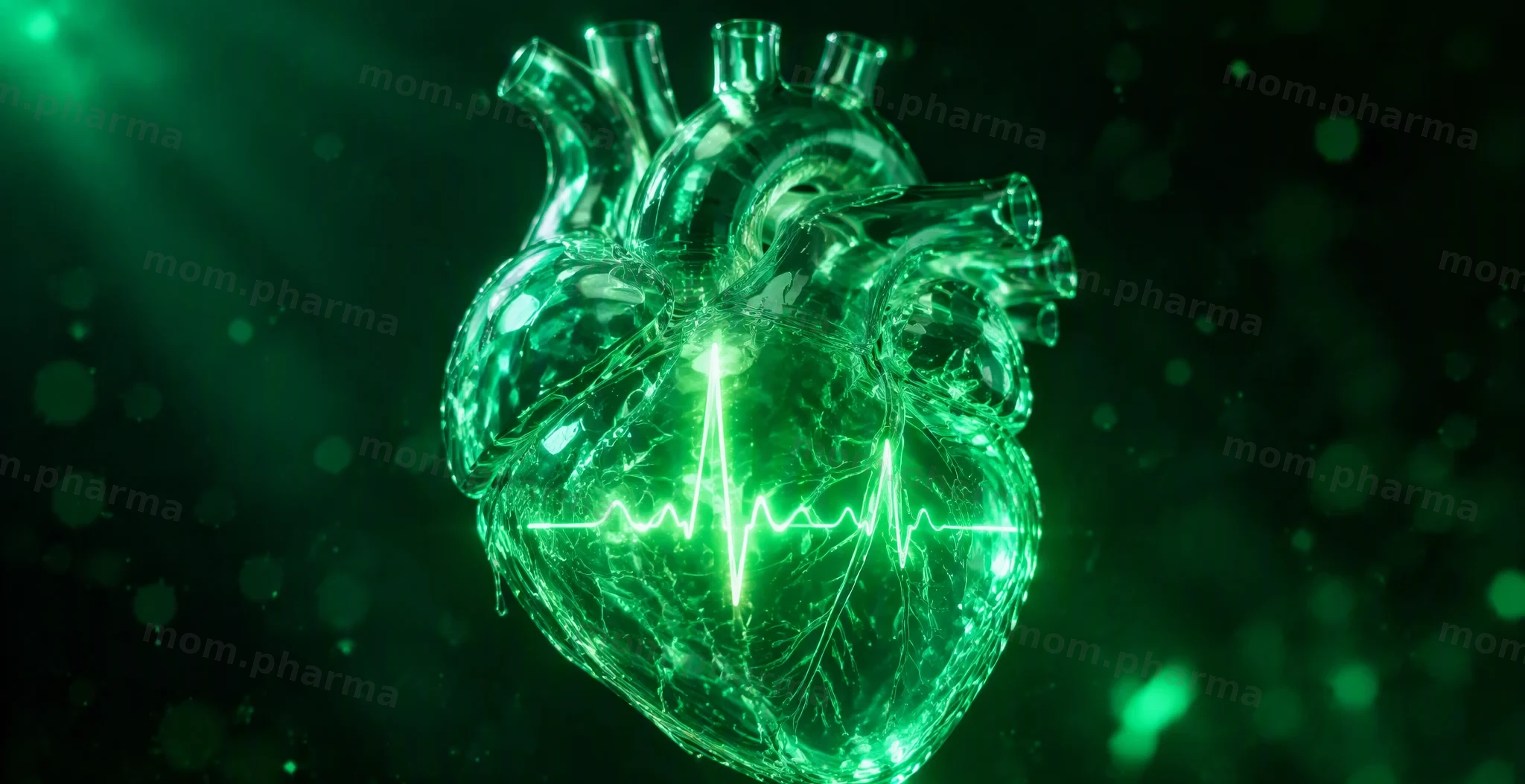A crystal glass heart with a glowing electrocardiogram line on a dark green background
