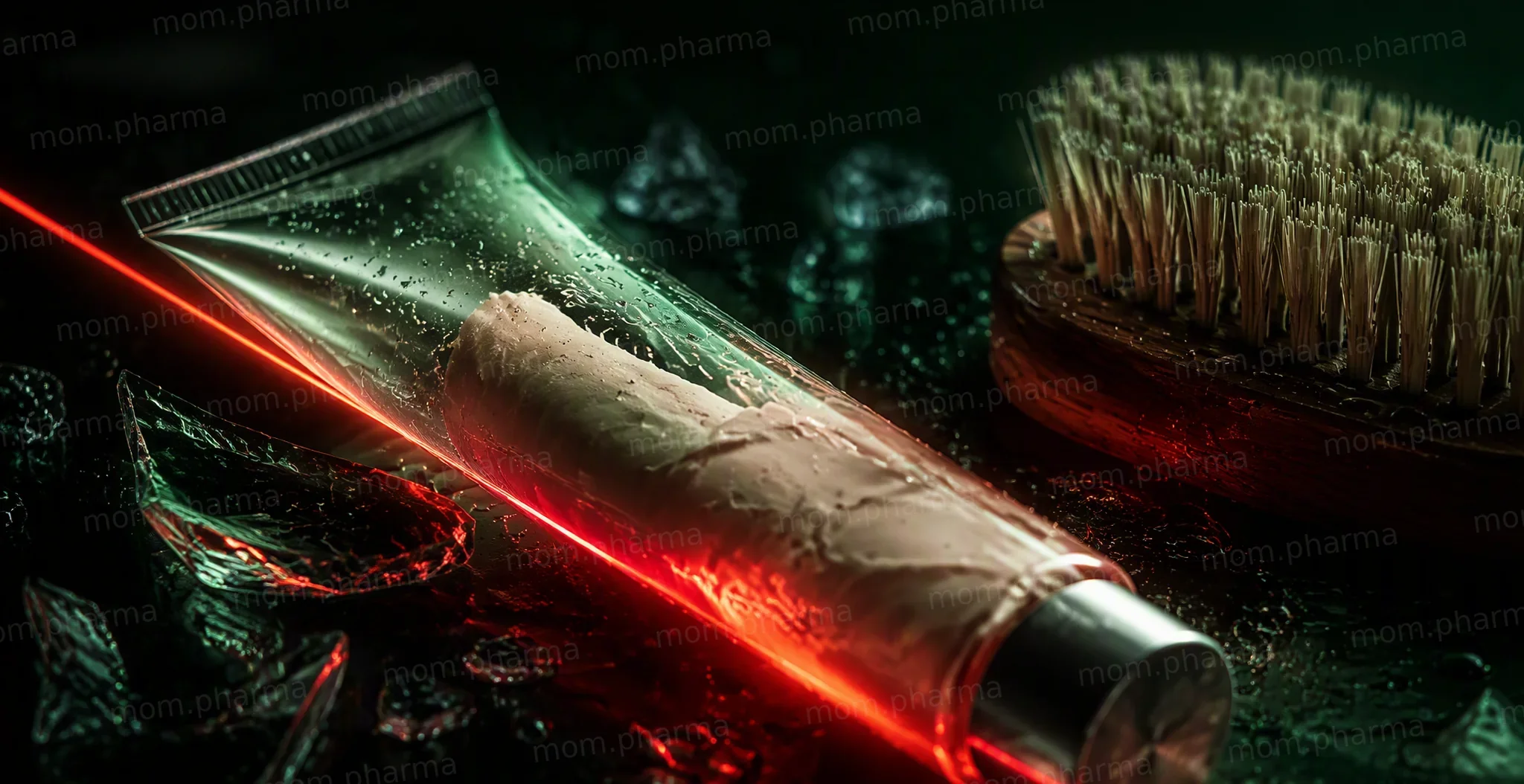 A glass tube of cream crossed by a red warning streak of light