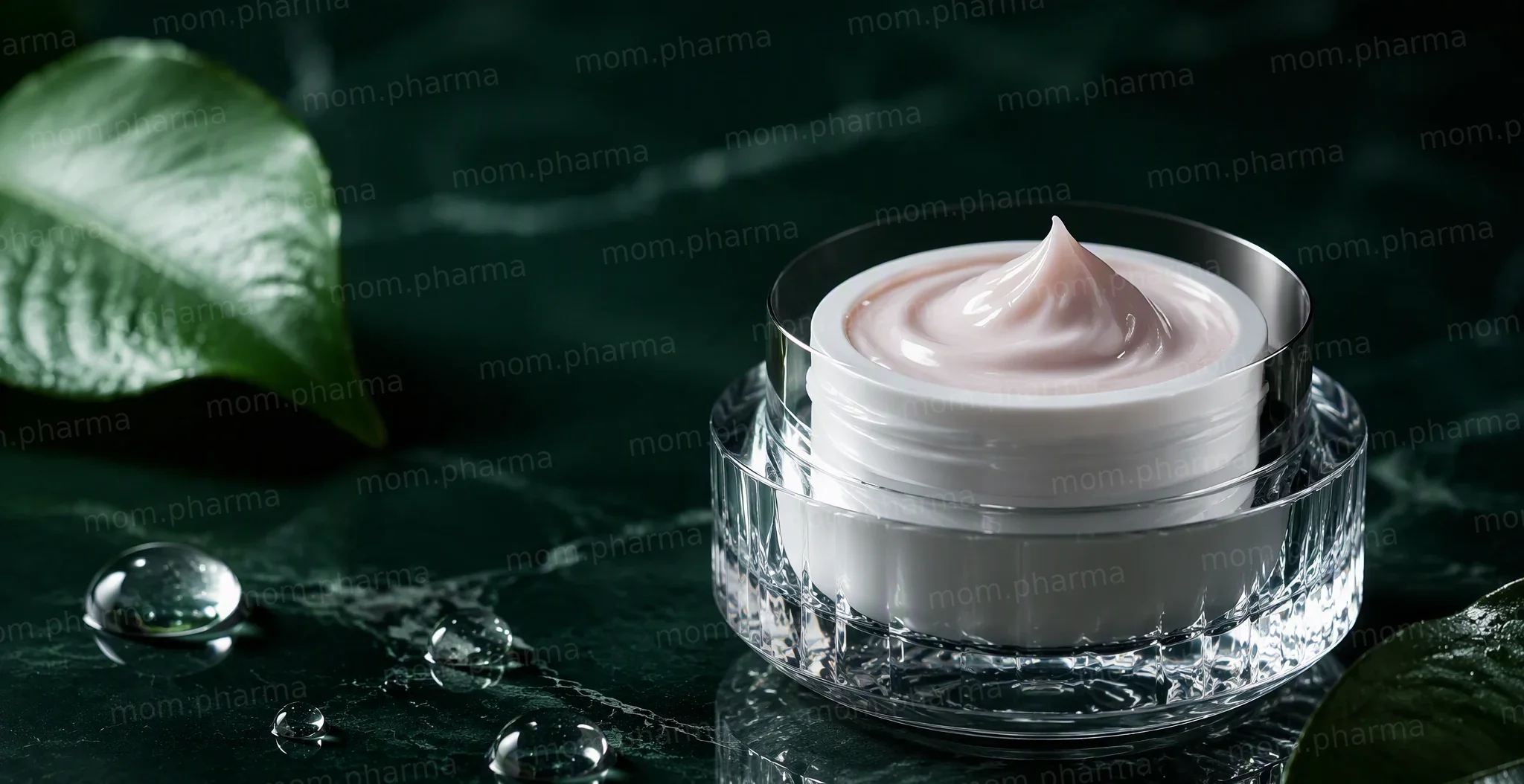 A glass jar of gentle pink cream with drops of thermal water on a dark green background