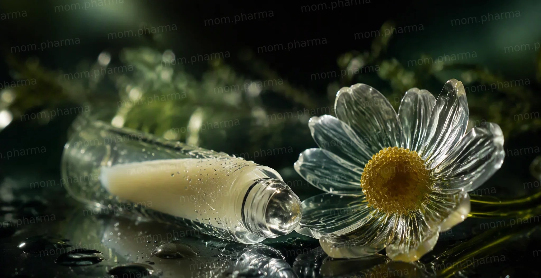 A small delicate glass tube of eye cream beside a gentle glass chamomile flower