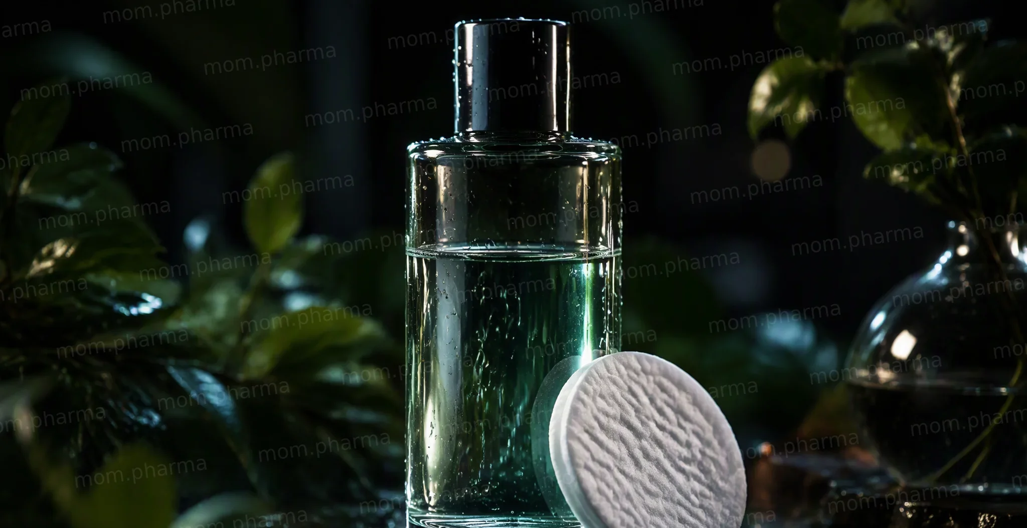 A glass bottle of micellar water with a cotton pad and cool water droplets