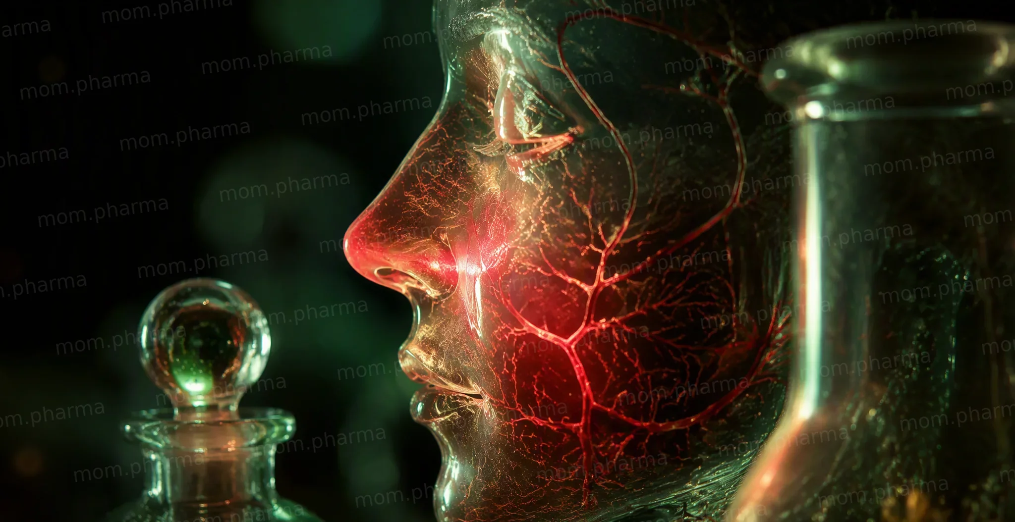A translucent glass face silhouette with a soft red glow on the cheek and nose