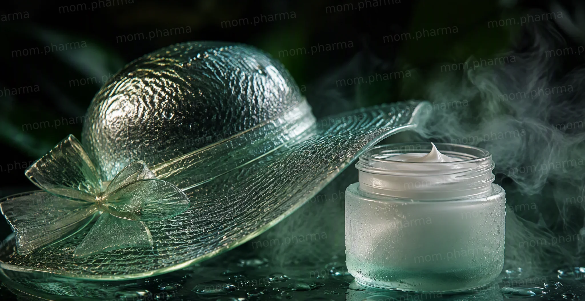 A glass wide-brimmed hat beside a frosted chilled jar of cream with cold mist