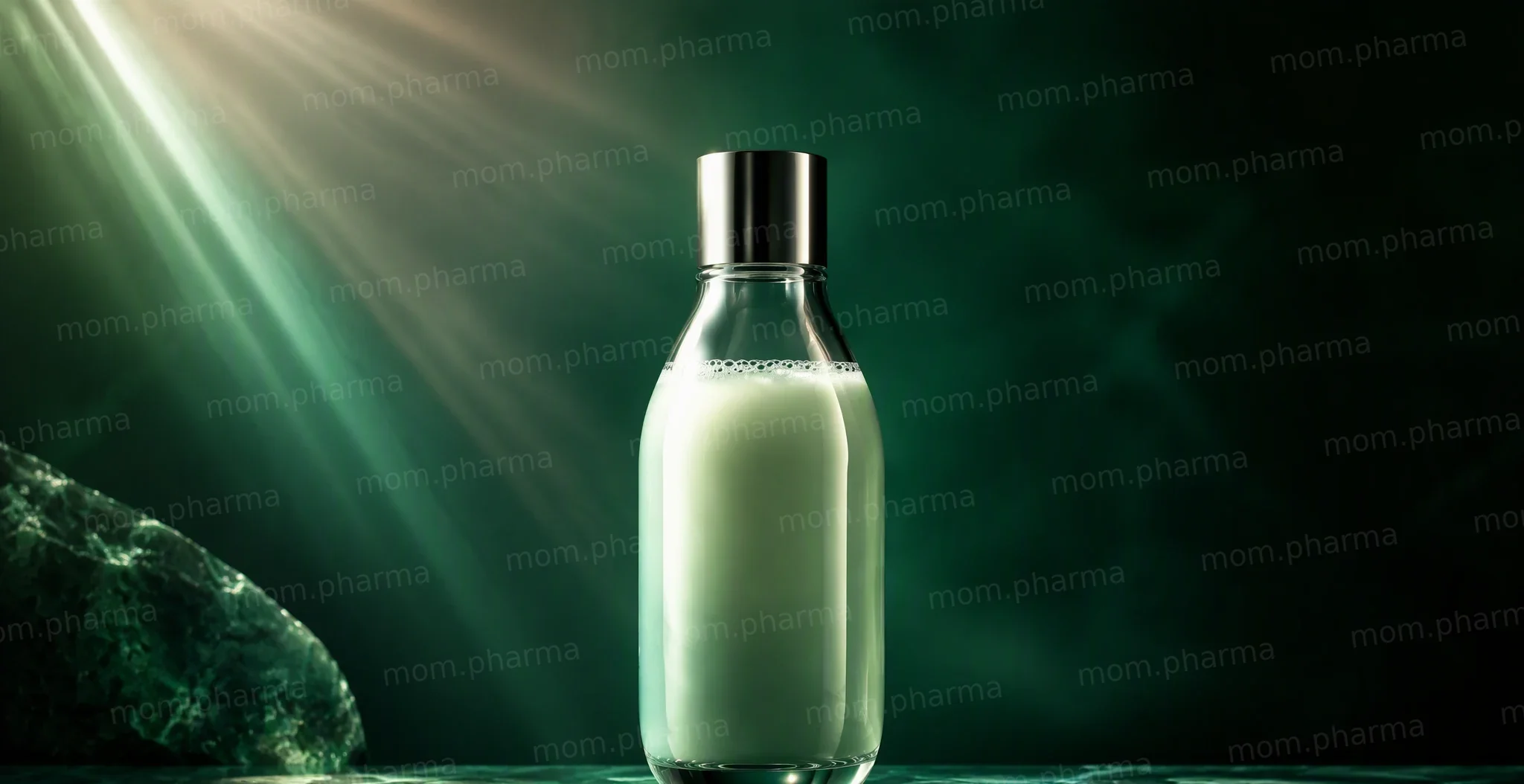 A bottle of sunscreen fluid behind a veil of warm rays filtered through green glass