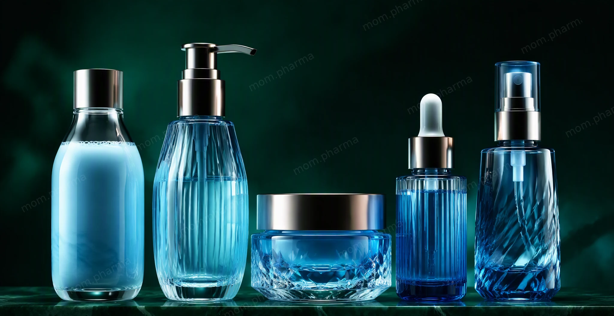 A row of glass containers with different sunscreen textures