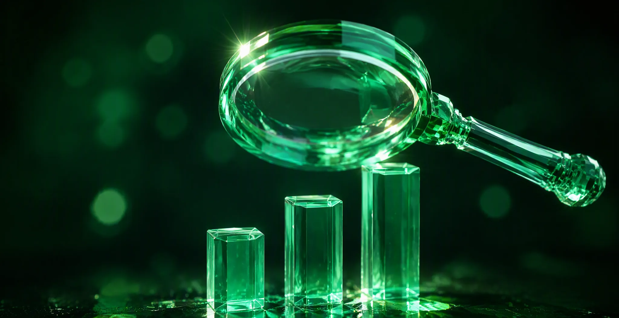 A crystal magnifying glass over three glowing glass chart columns on a dark green background