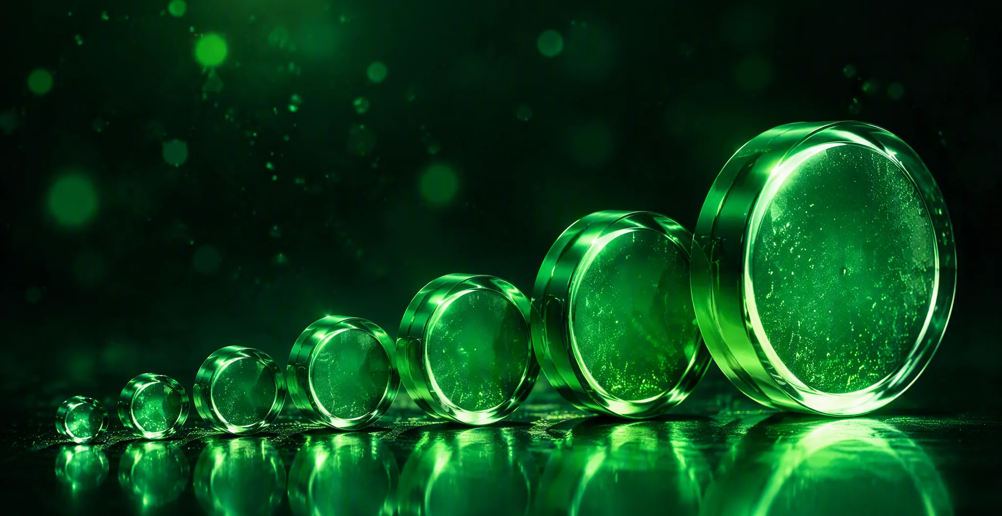 Glowing glass tablets arranged as an ascending staircase on a dark green background