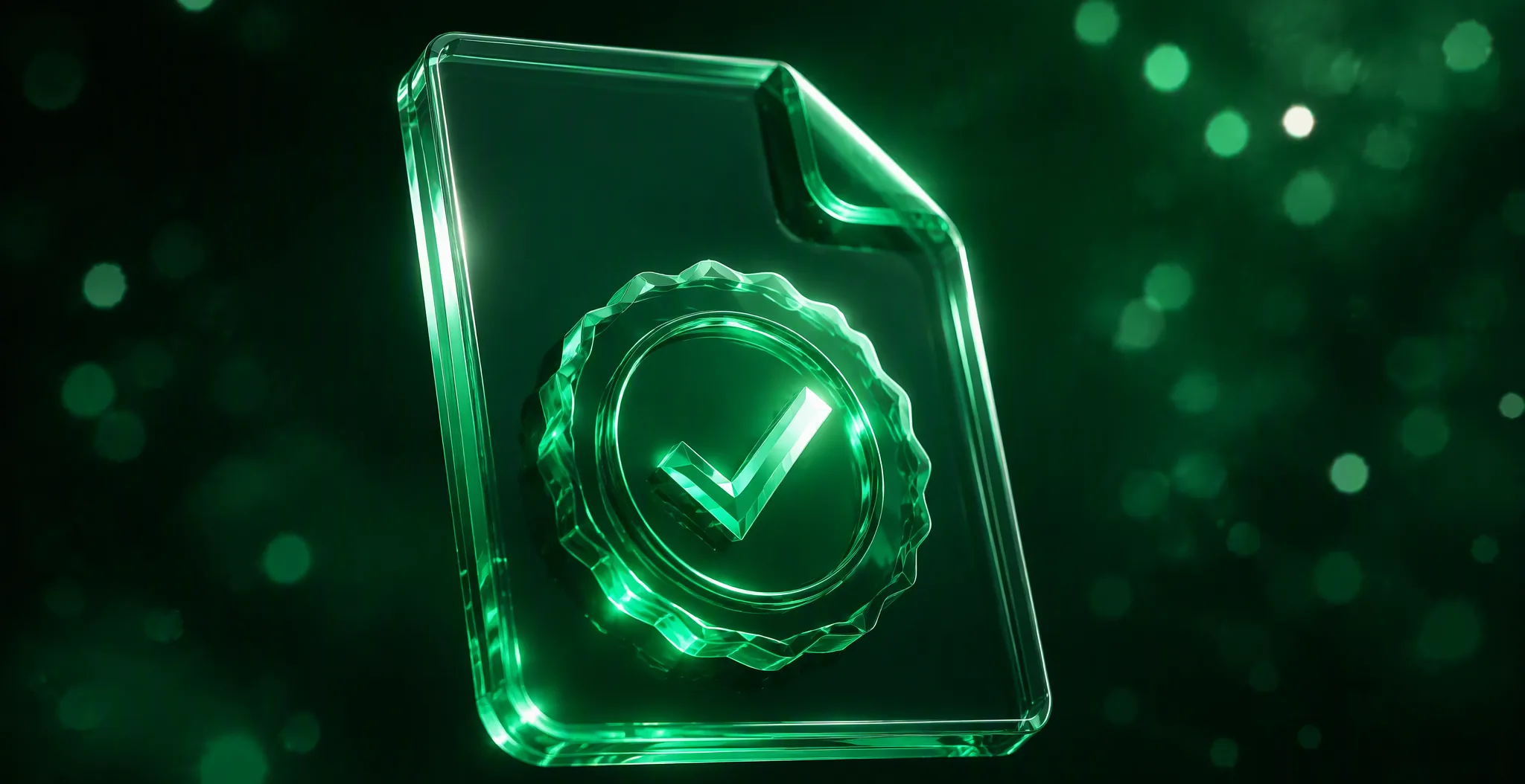 A glass label with a glowing green checkmark seal on a dark green background
