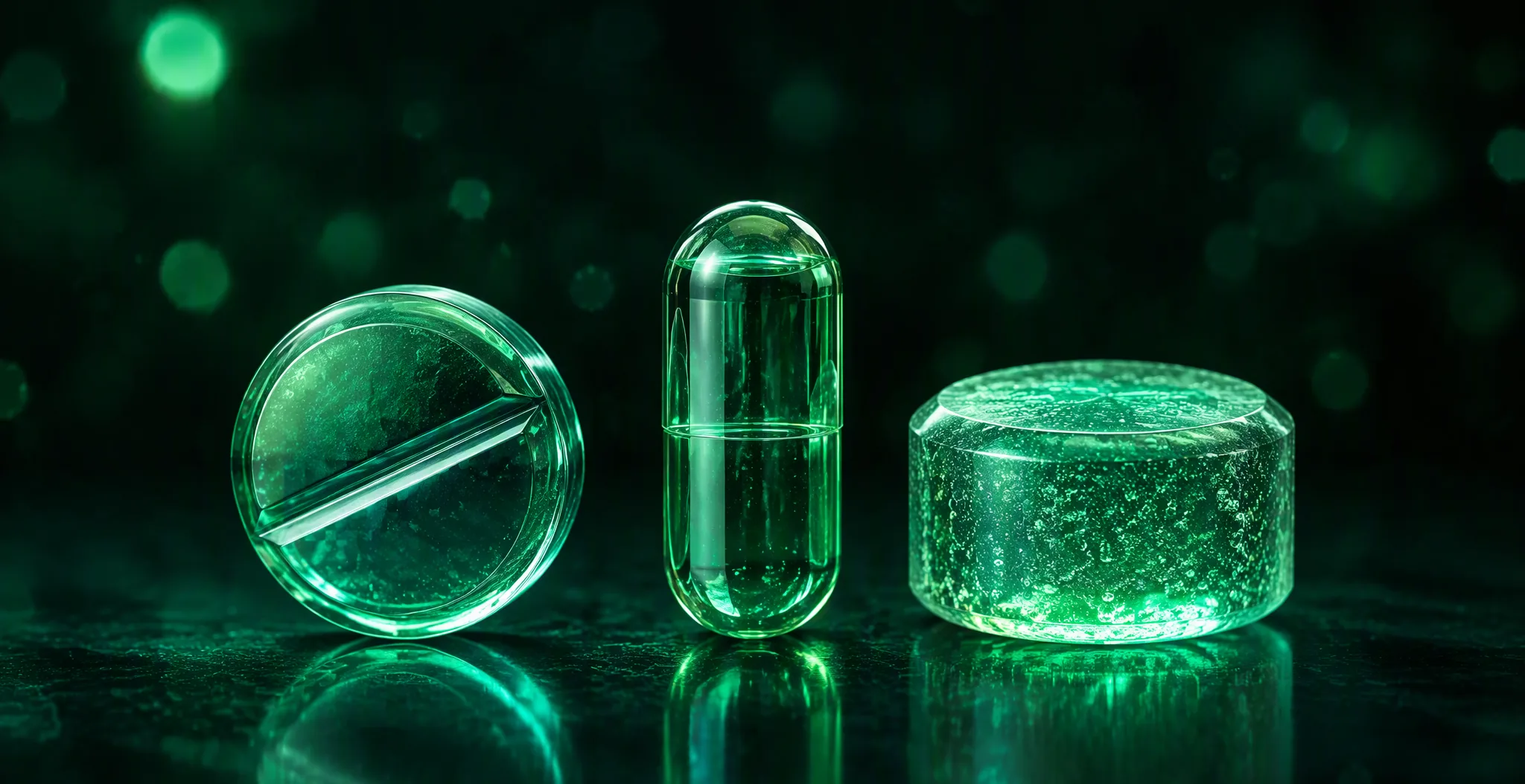 Three translucent glass dosage forms side by side: a tablet, a capsule and an effervescent disc on a dark green background
