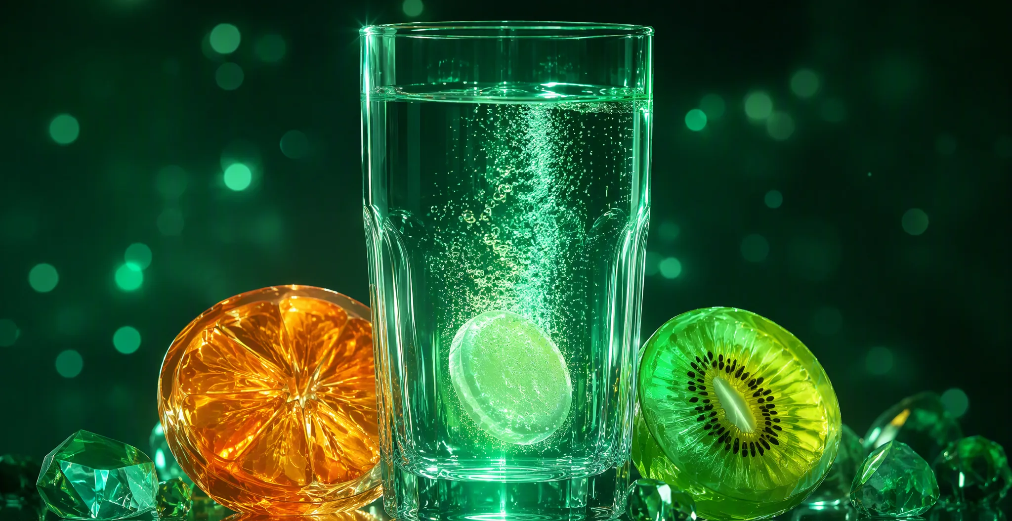 A glass of water with a dissolving effervescent vitamin C tablet, an orange slice and half a kiwi beside it on a dark green background